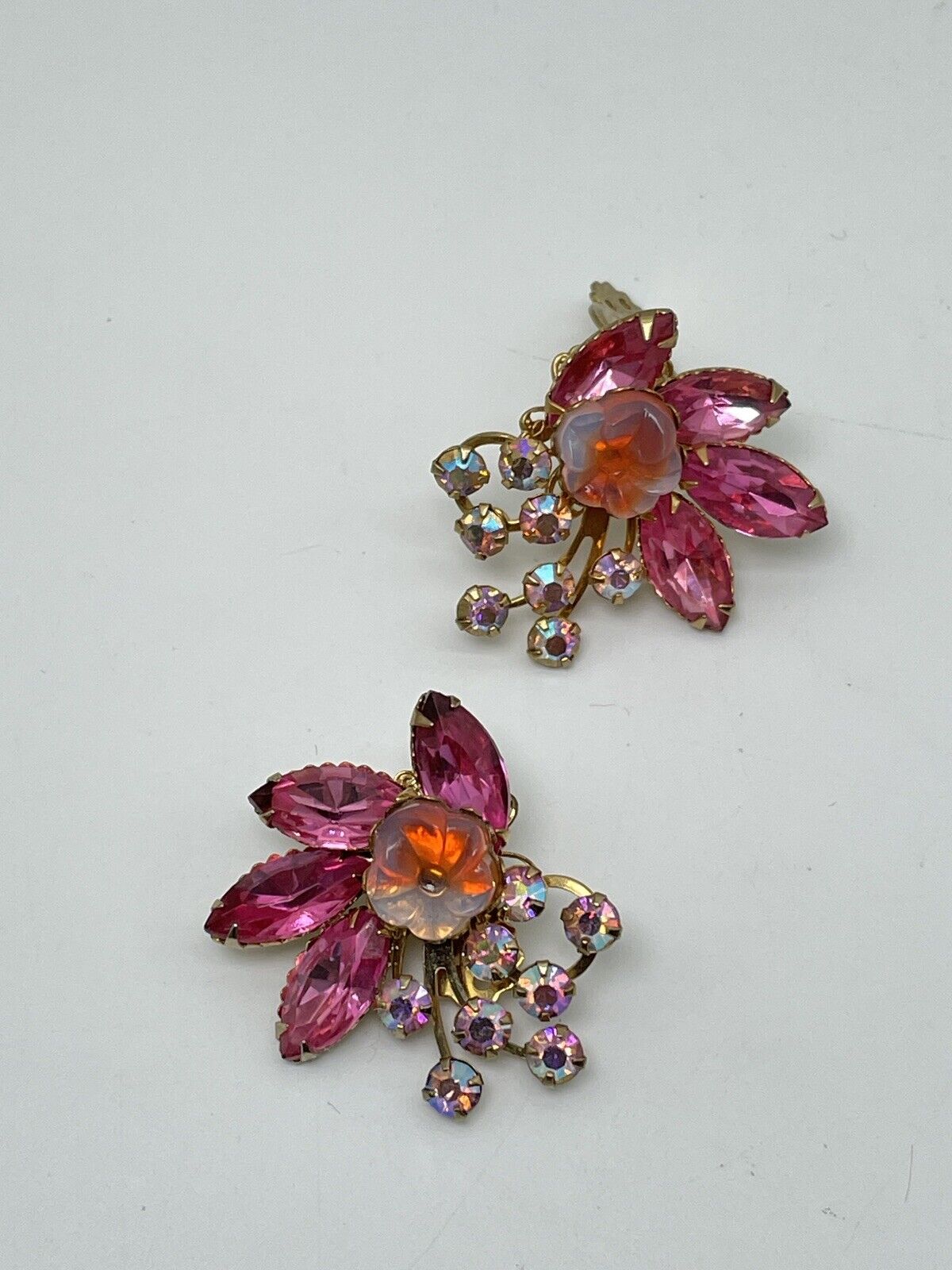 Vintage Pair BEAU JEWELS Pink Rhinestone Earrings AB Accents SIGNED
