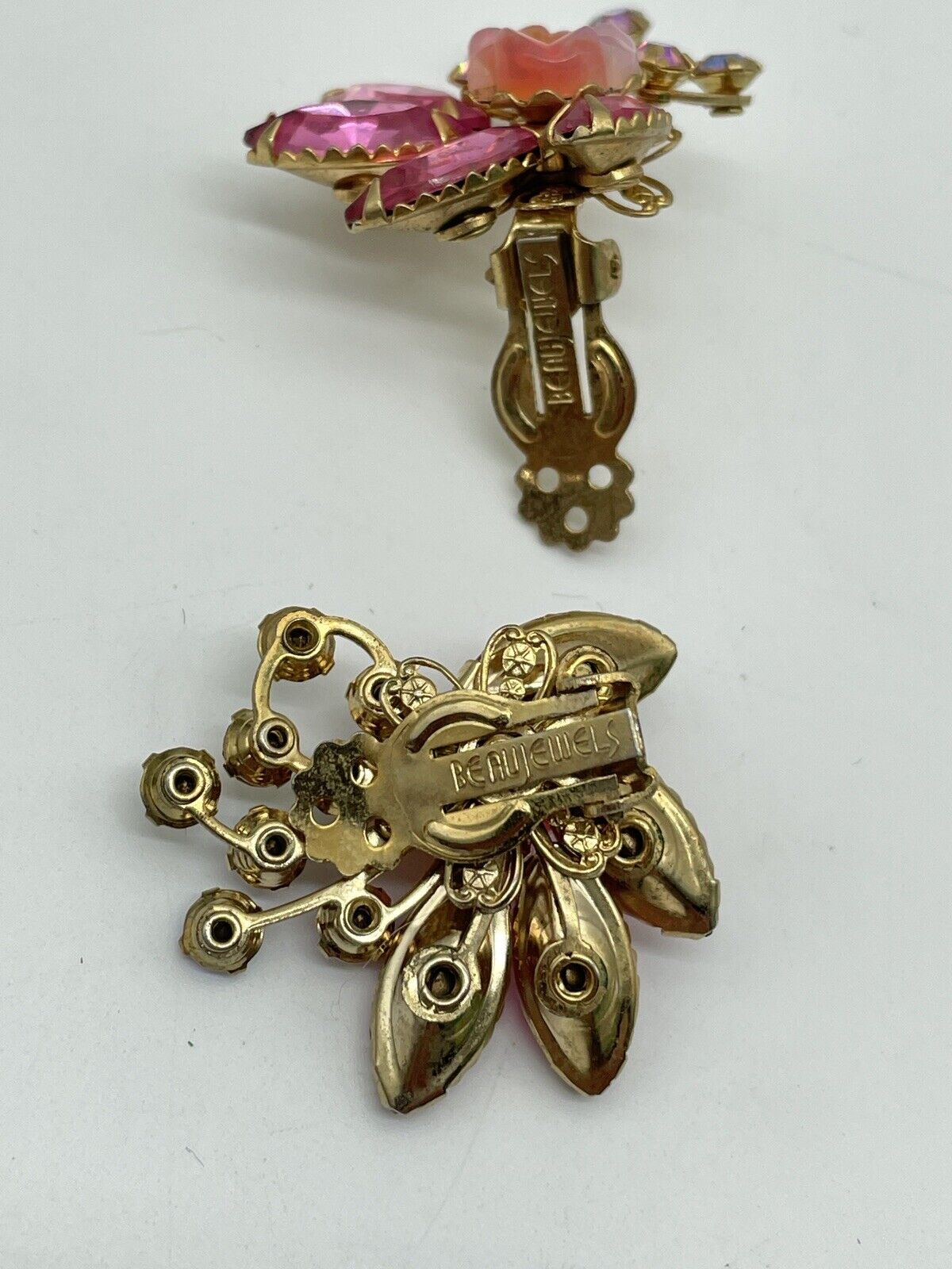 Vintage Pair BEAU JEWELS Pink Rhinestone Earrings AB Accents SIGNED