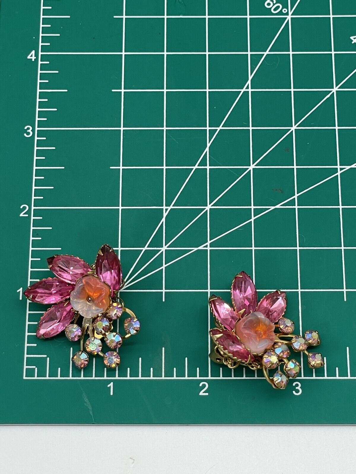 Vintage Pair BEAU JEWELS Pink Rhinestone Earrings AB Accents SIGNED