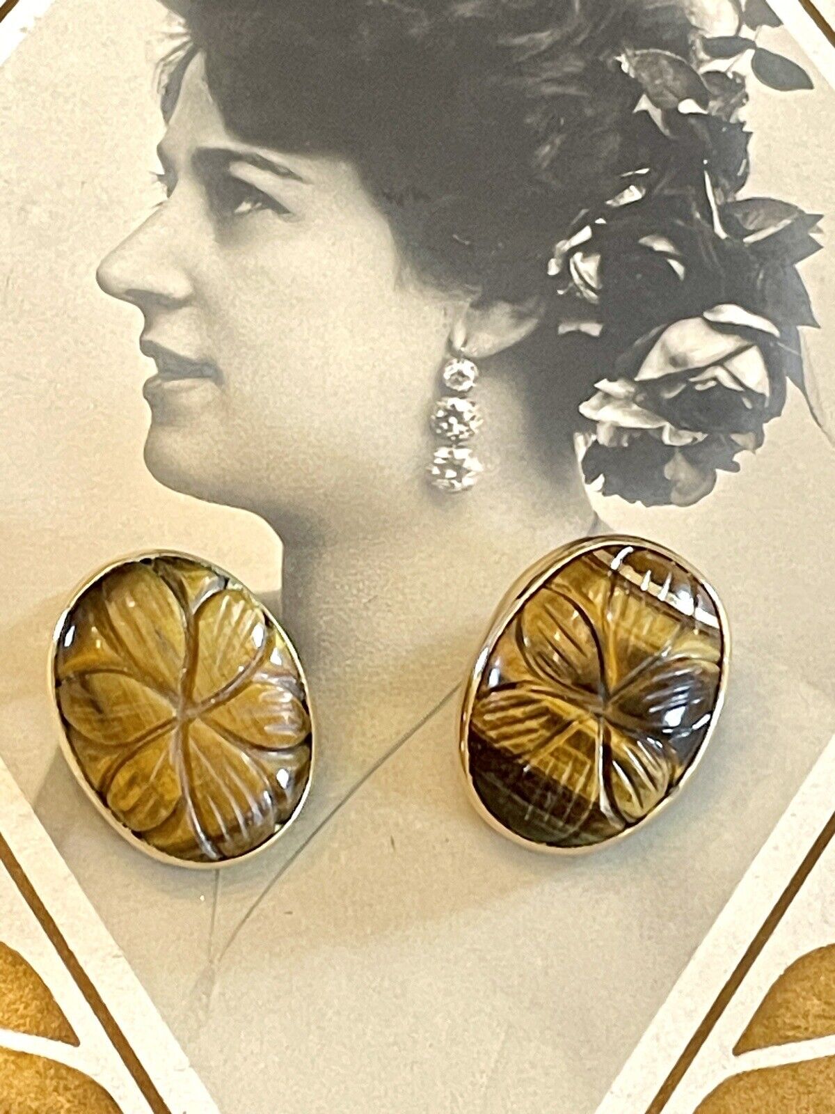 Tiger Eye Carved Earrings Gold Vermeil On 925 Sterling