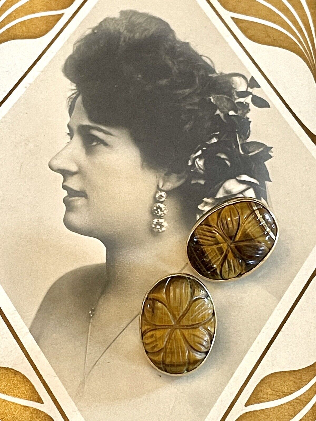 Tiger Eye Carved Earrings Gold Vermeil On 925 Sterling