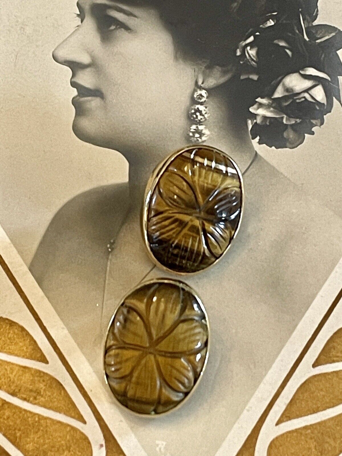 Tiger Eye Carved Earrings Gold Vermeil On 925 Sterling