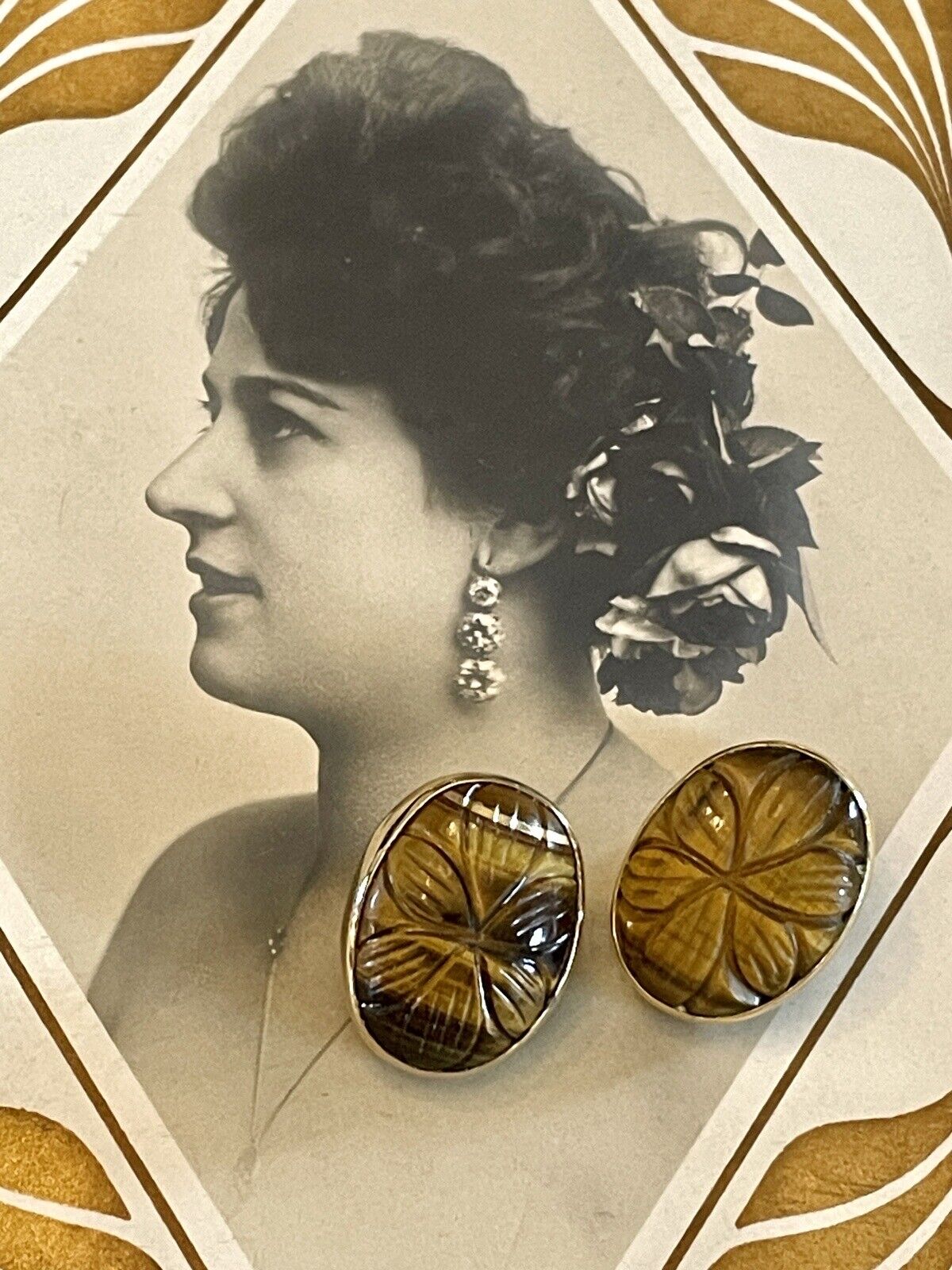 Tiger Eye Carved Earrings Gold Vermeil On 925 Sterling
