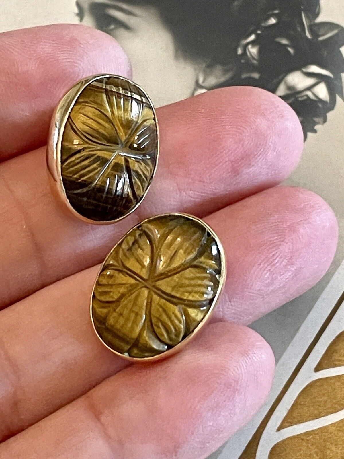 Tiger Eye Carved Earrings Gold Vermeil On 925 Sterling