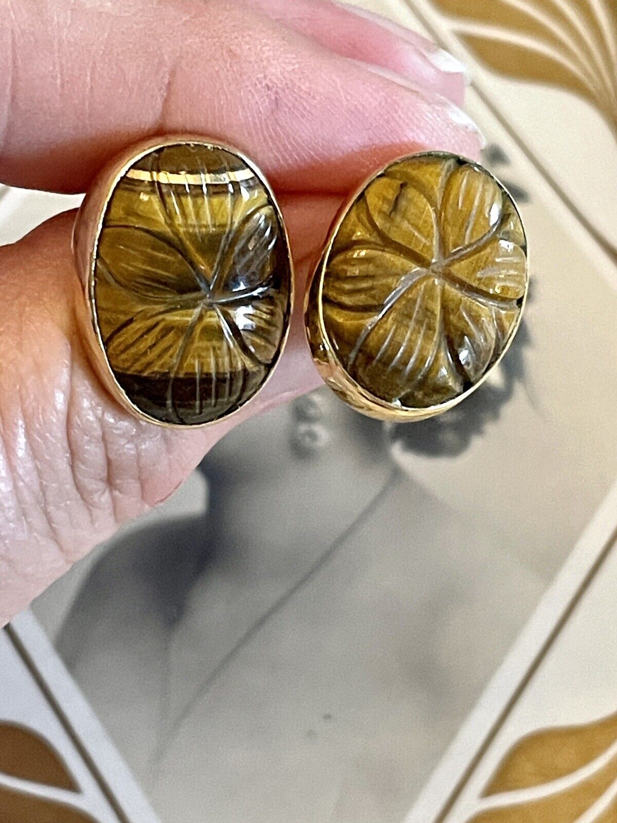 Tiger Eye Carved Earrings Gold Vermeil On 925 Sterling