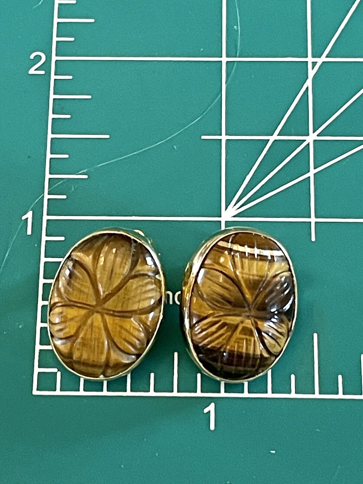 Tiger Eye Carved Earrings Gold Vermeil On 925 Sterling