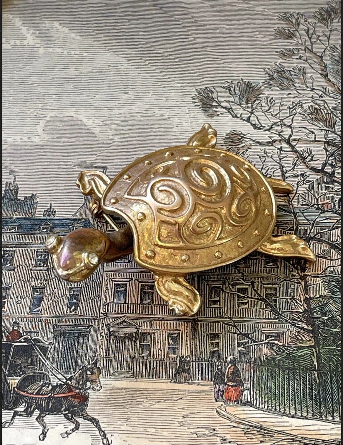 Vintage Turtle Trembler Brooch Goldtone 80s Fun Jewelry