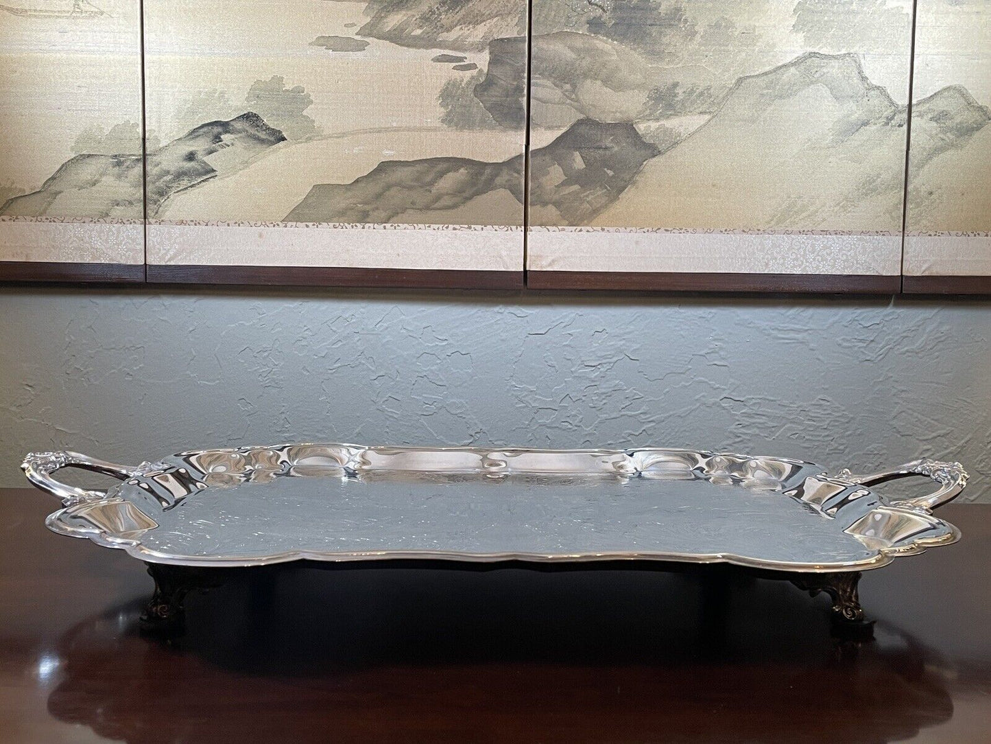 Silverplate Tray Victorian Style American Rogers HANDLED & Footed Chased VINTAGE