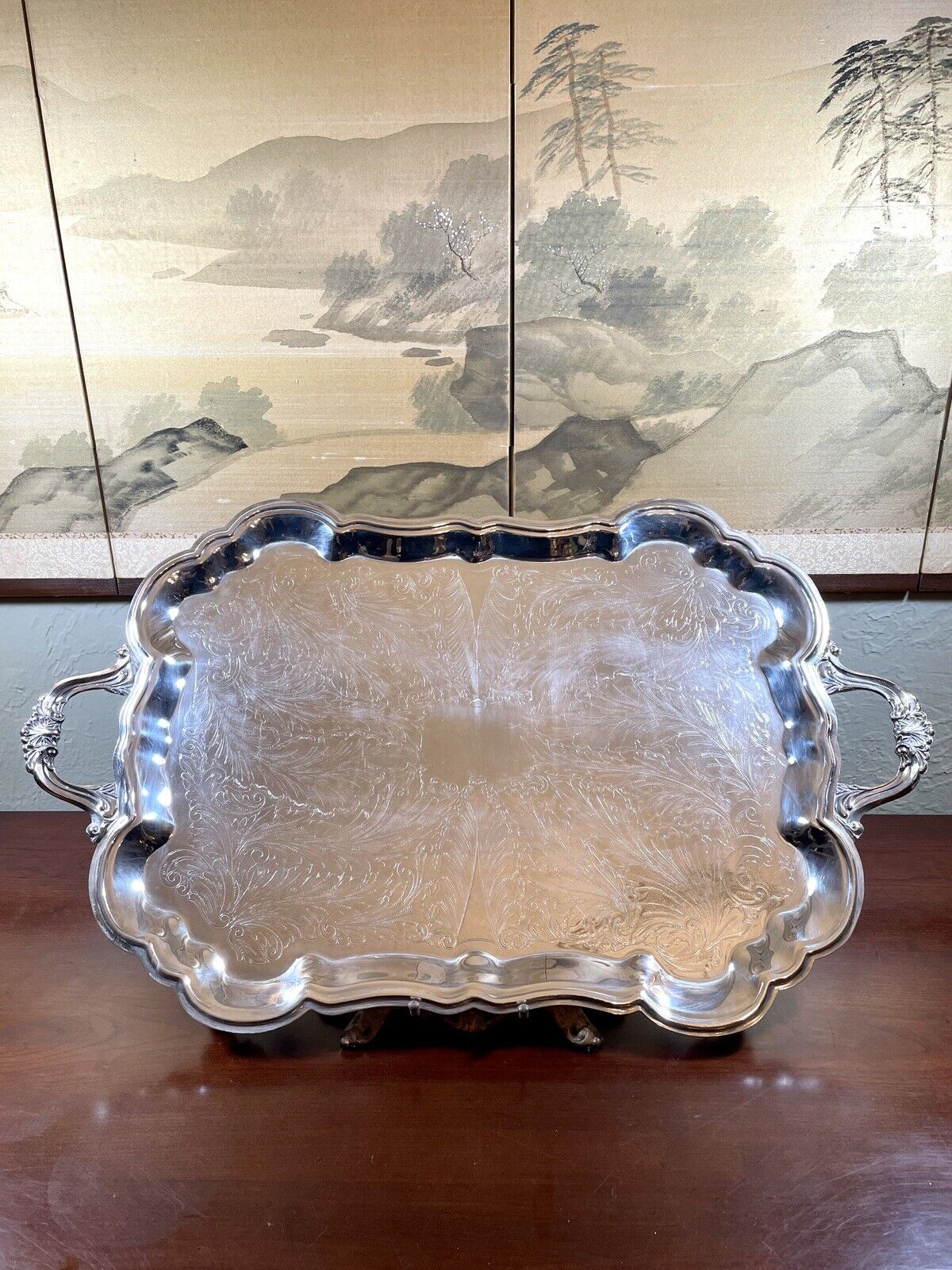 Silverplate Tray Victorian Style American Rogers HANDLED & Footed Chased VINTAGE