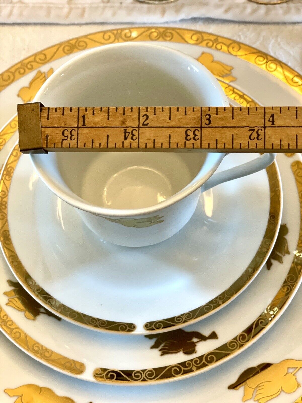 Christmas Tree China 4 PCs Place Setting CHERUBS Gold Angel Horn Christmas Tree Montgomery Ward