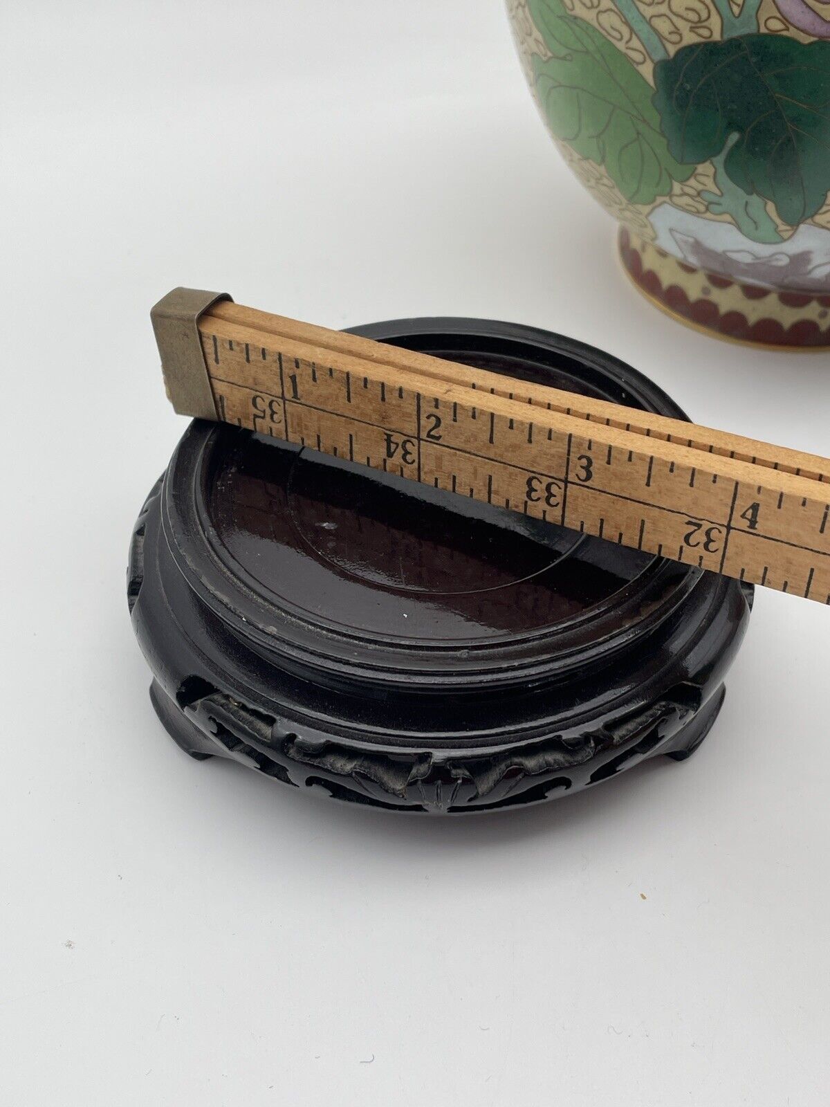 Vintage Chinese Cloisonne Enamel Vase With Wood Chinoiserie Stand Chrysanthemum