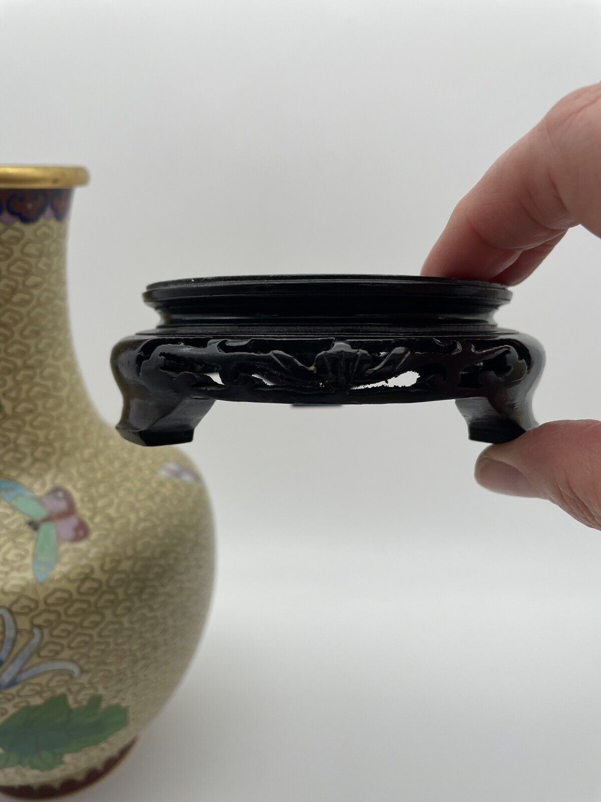 Vintage Chinese Cloisonne Enamel Vase With Wood Chinoiserie Stand Chrysanthemum