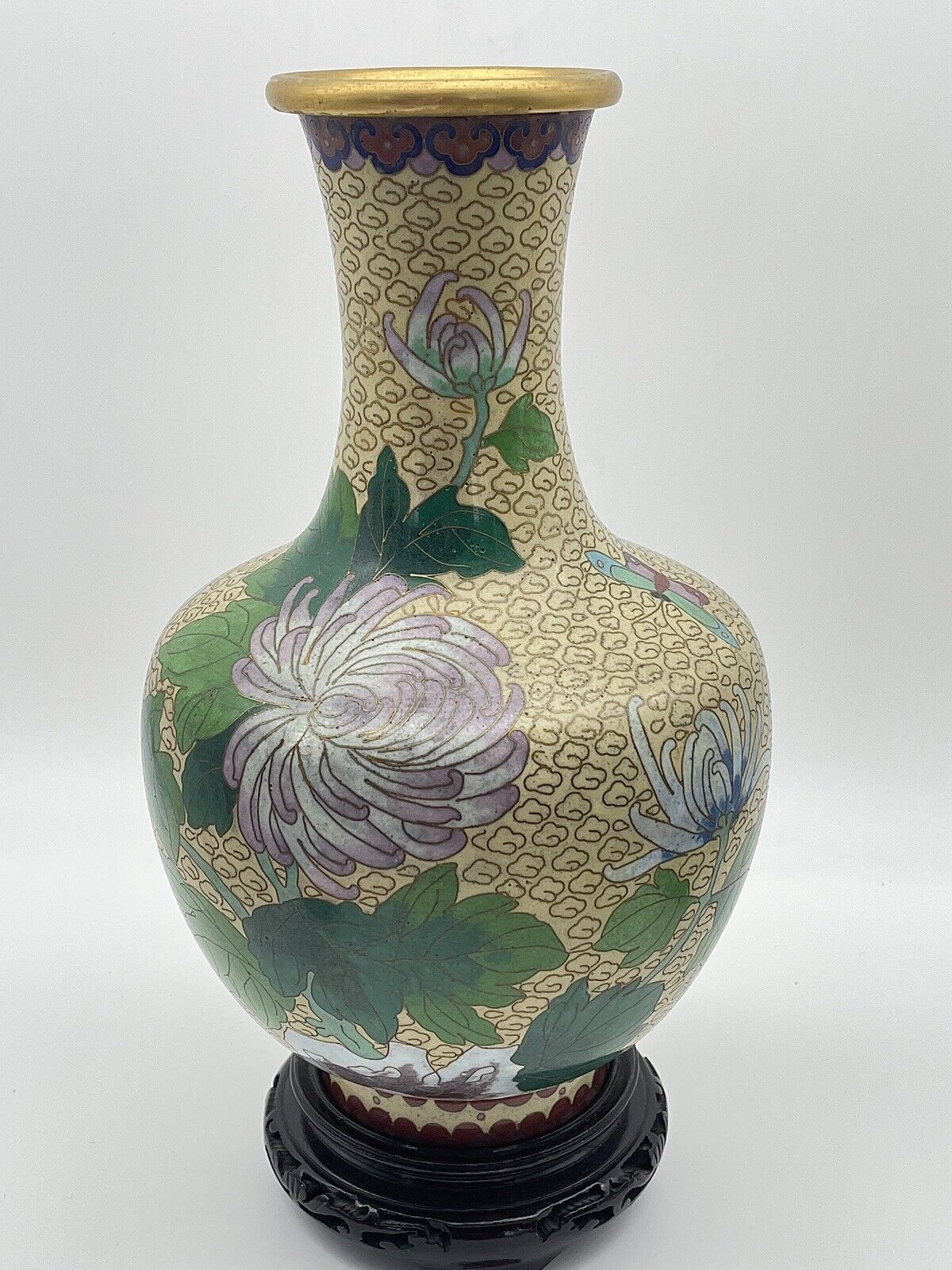 Vintage Chinese Cloisonne Enamel Vase With Wood Chinoiserie Stand Chrysanthemum