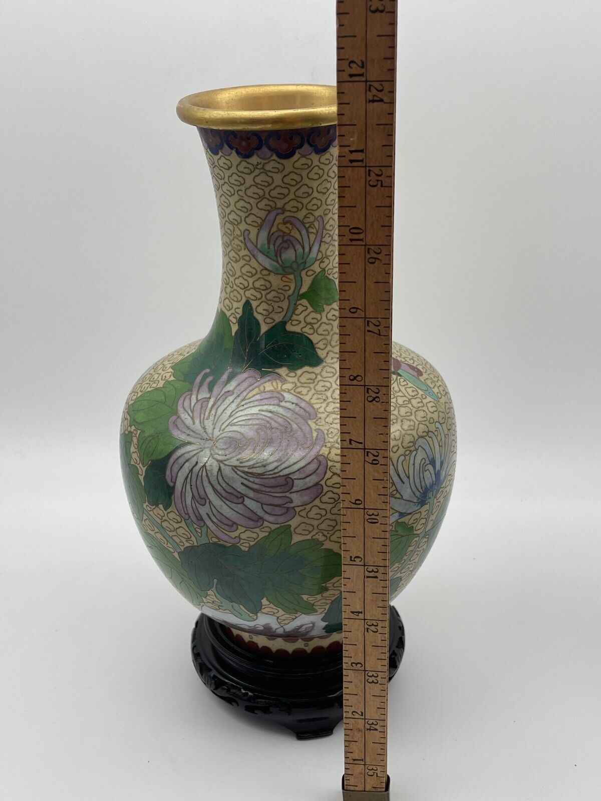 Vintage Chinese Cloisonne Enamel Vase With Wood Chinoiserie Stand Chrysanthemum