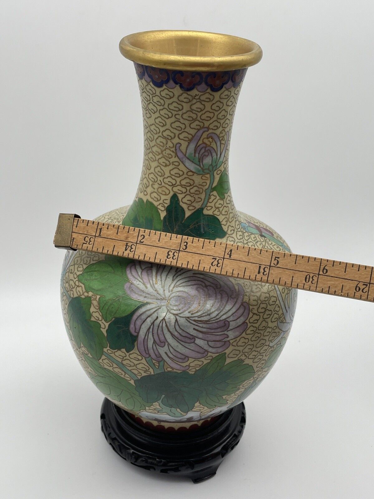 Vintage Chinese Cloisonne Enamel Vase With Wood Chinoiserie Stand Chrysanthemum