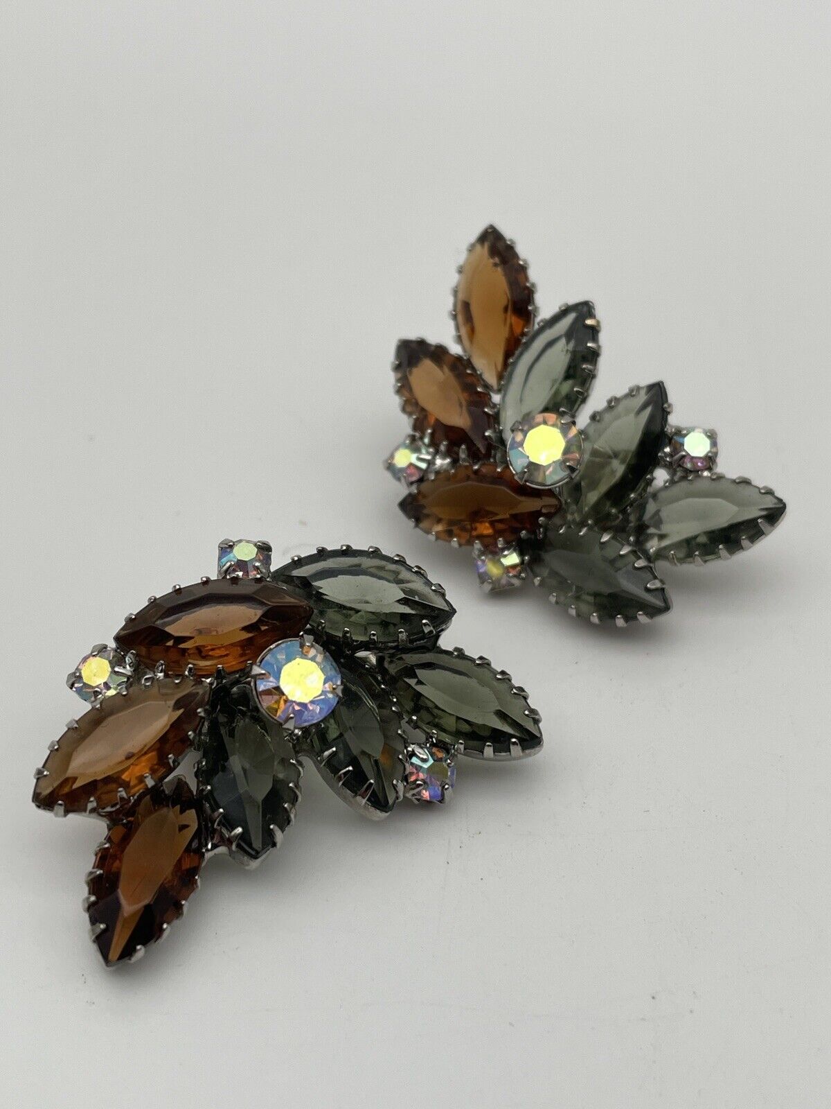 Vintage Pair Of Grey & Brown Color Rhinestone Earring Clips With AB Accents