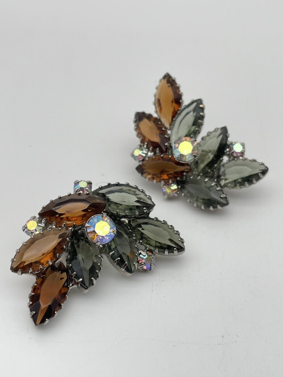 Vintage Pair Of Grey & Brown Color Rhinestone Earring Clips With AB Accents