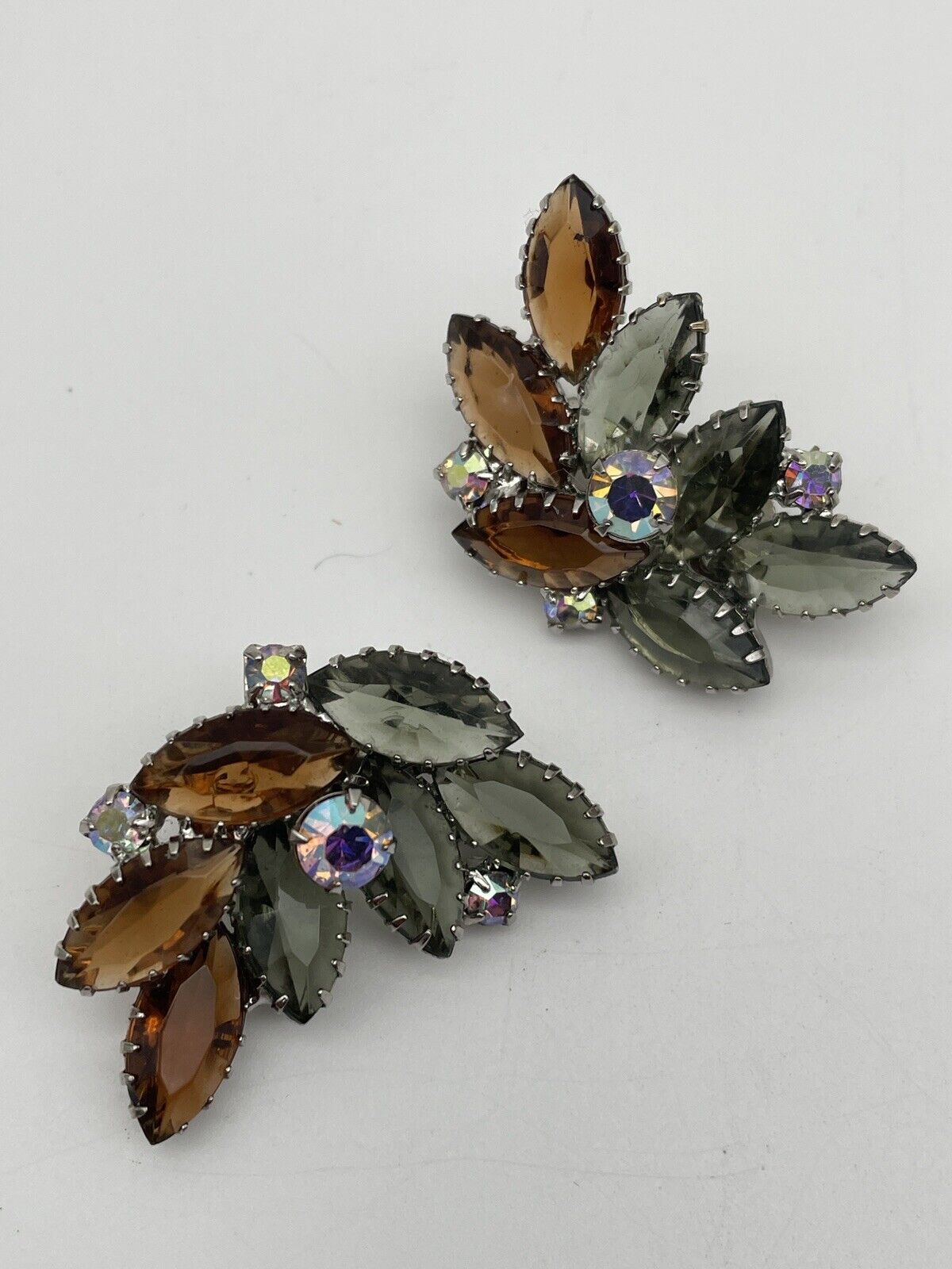 Vintage Pair Of Grey & Brown Color Rhinestone Earring Clips With AB Accents