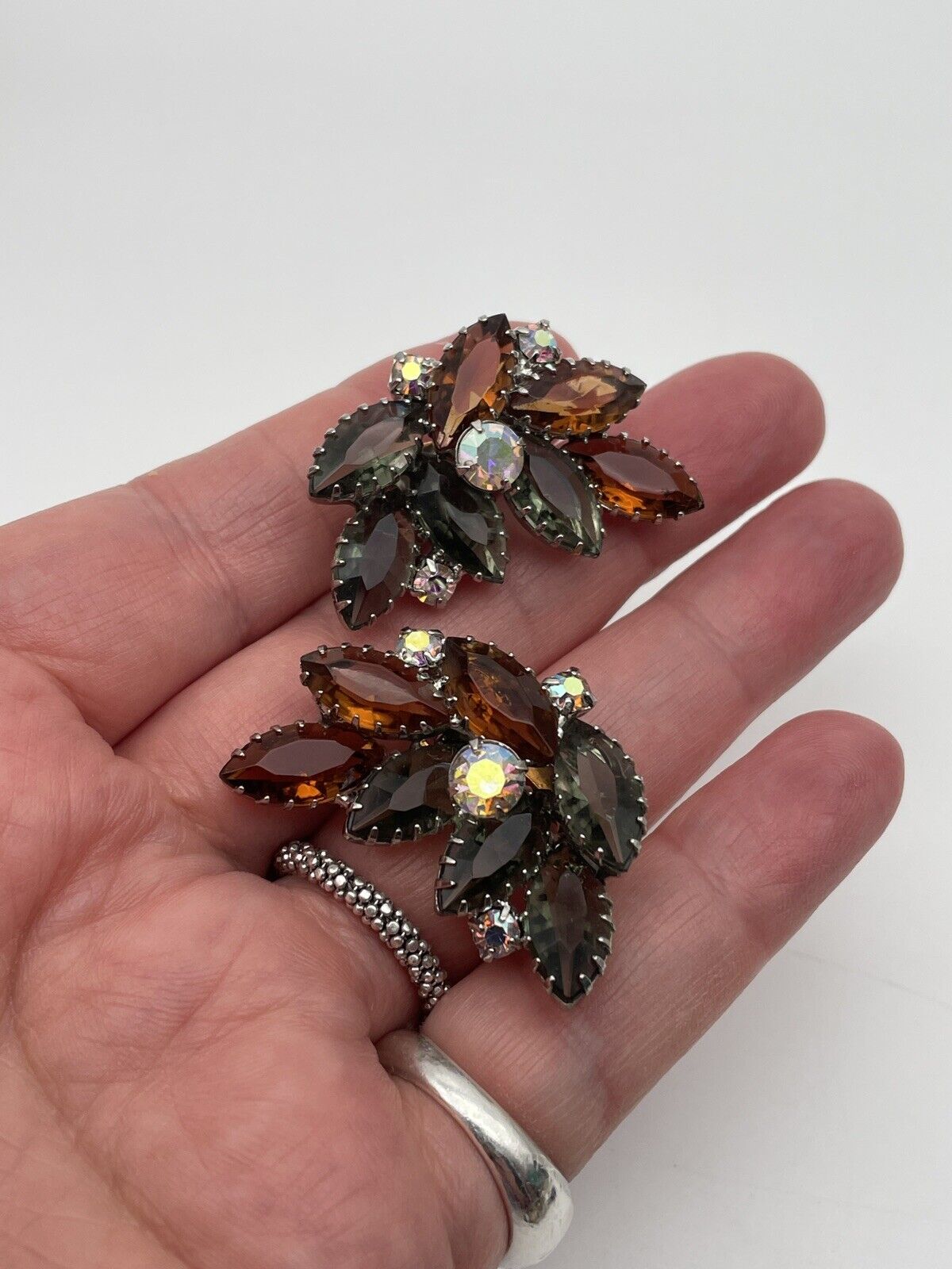 Vintage Pair Of Grey & Brown Color Rhinestone Earring Clips With AB Accents