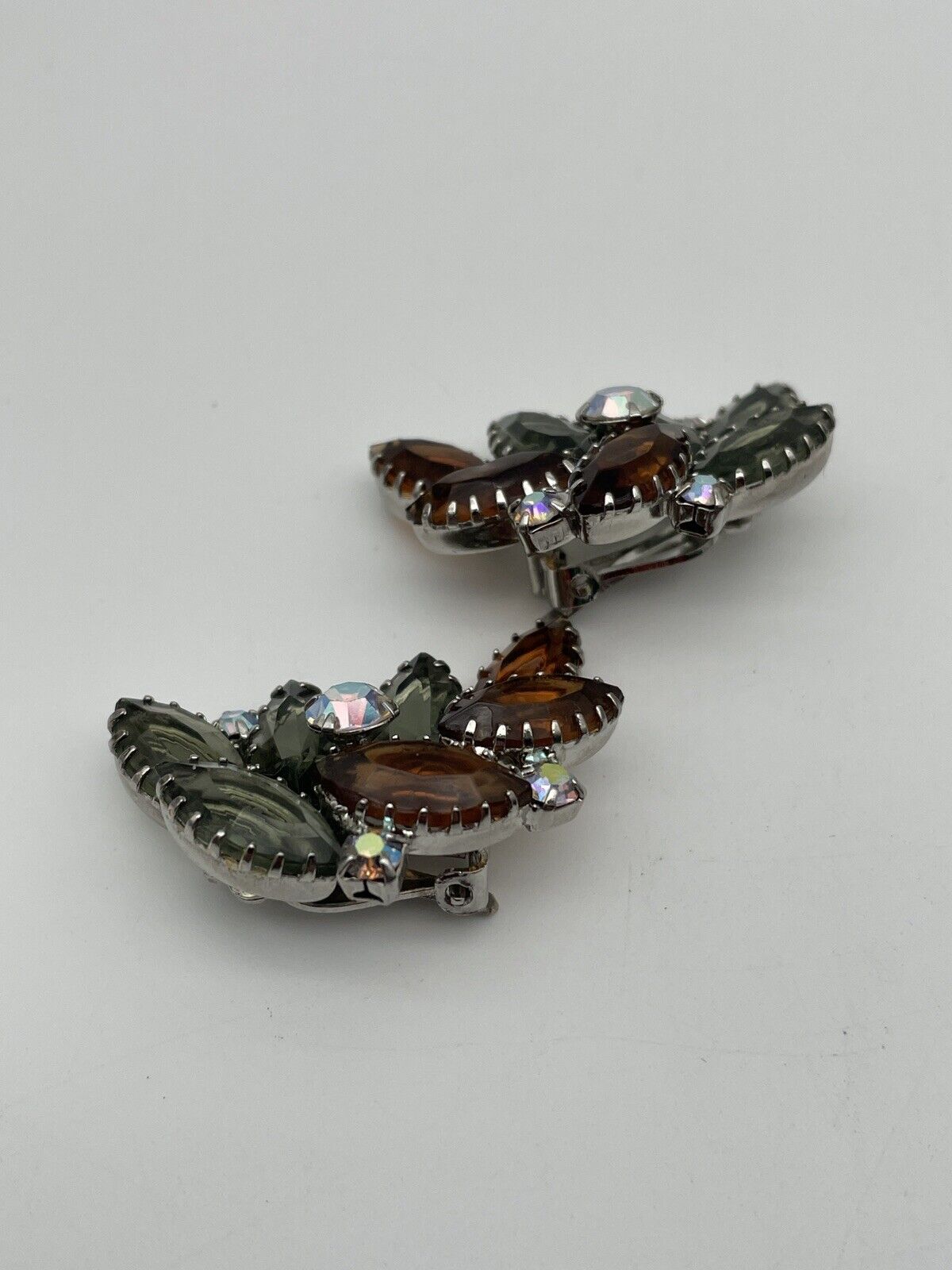 Vintage Pair Of Grey & Brown Color Rhinestone Earring Clips With AB Accents