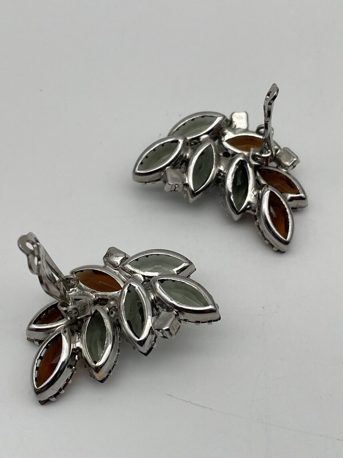Vintage Pair Of Grey & Brown Color Rhinestone Earring Clips With AB Accents