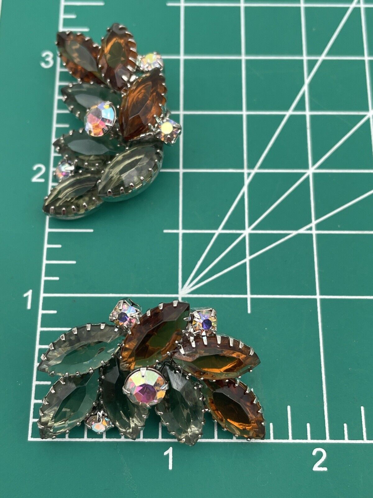 Vintage Pair Of Grey & Brown Color Rhinestone Earring Clips With AB Accents