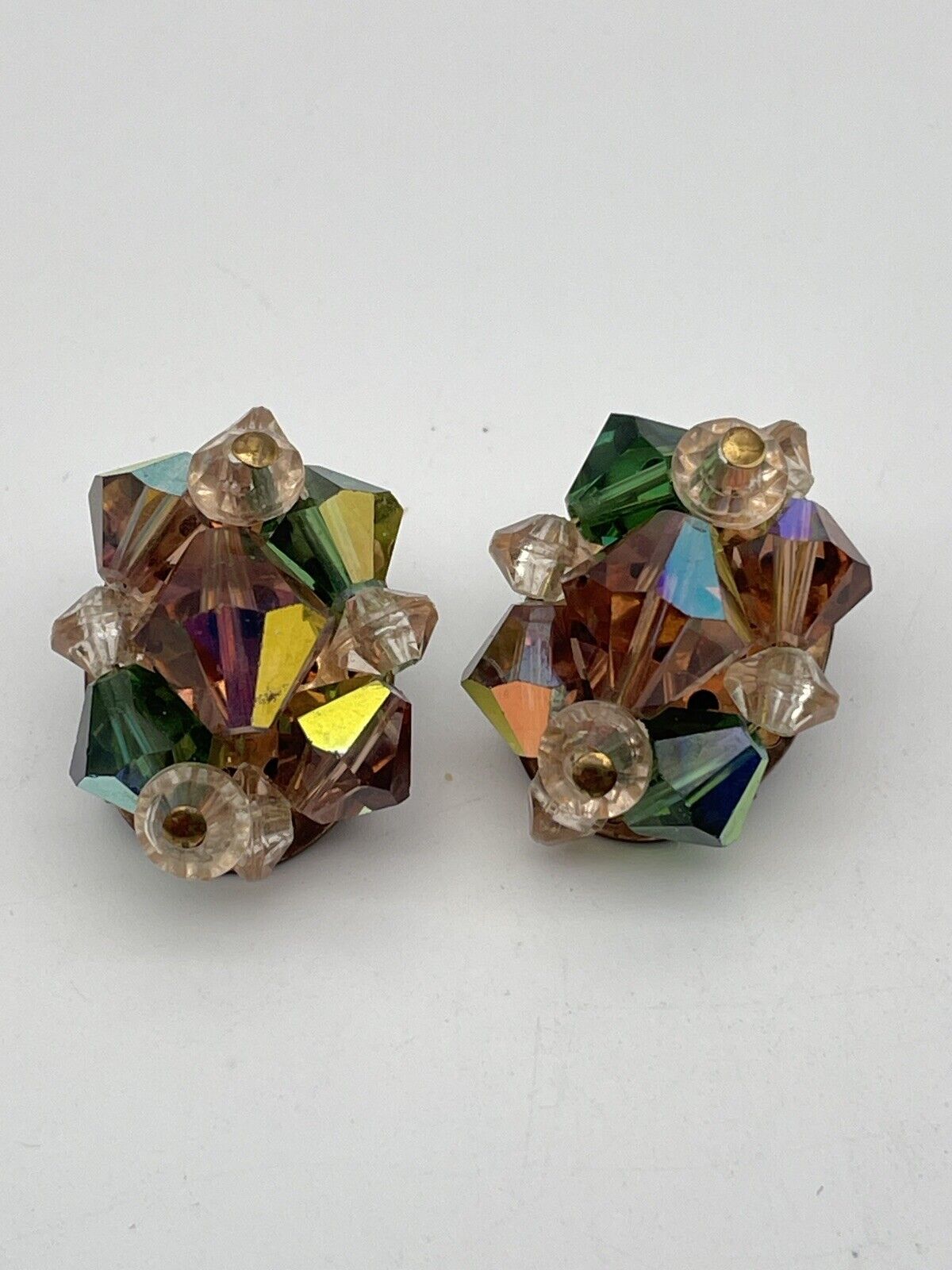 Vintage Pair Aurora Borealis Emerald & Topaz Colored Rhinestone Clip On Earrings