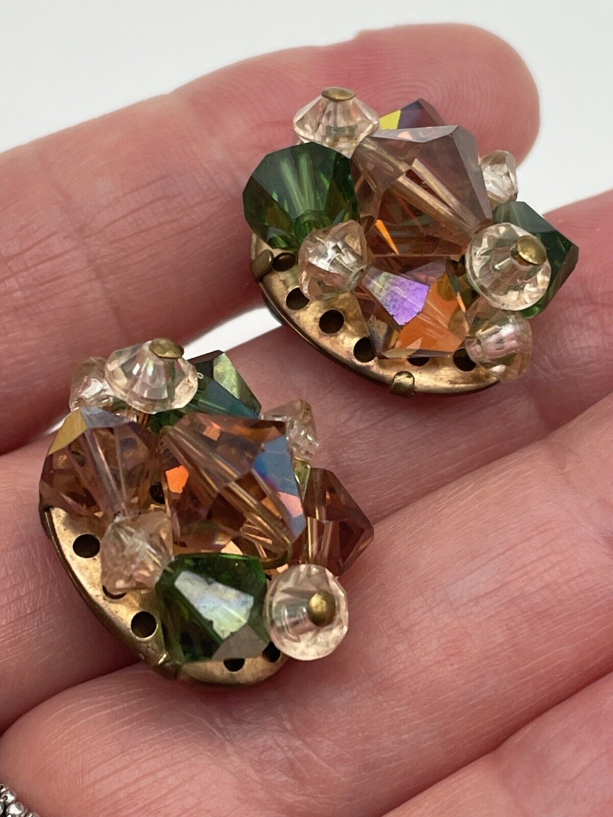 Vintage Pair Aurora Borealis Emerald & Topaz Colored Rhinestone Clip On Earrings