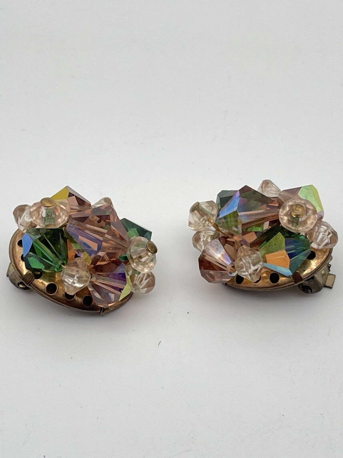 Vintage Pair Aurora Borealis Emerald & Topaz Colored Rhinestone Clip On Earrings