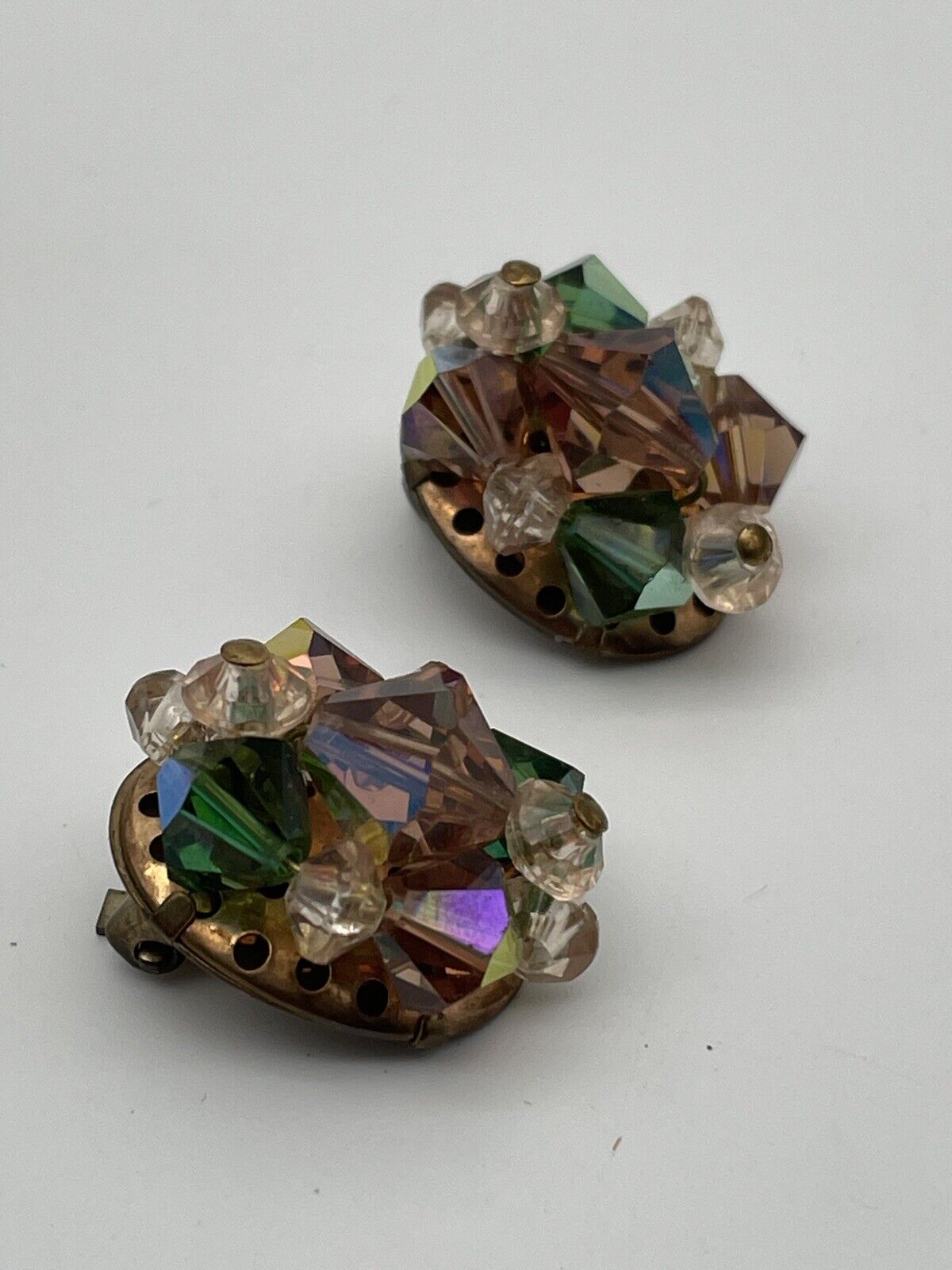 Vintage Pair Aurora Borealis Emerald & Topaz Colored Rhinestone Clip On Earrings