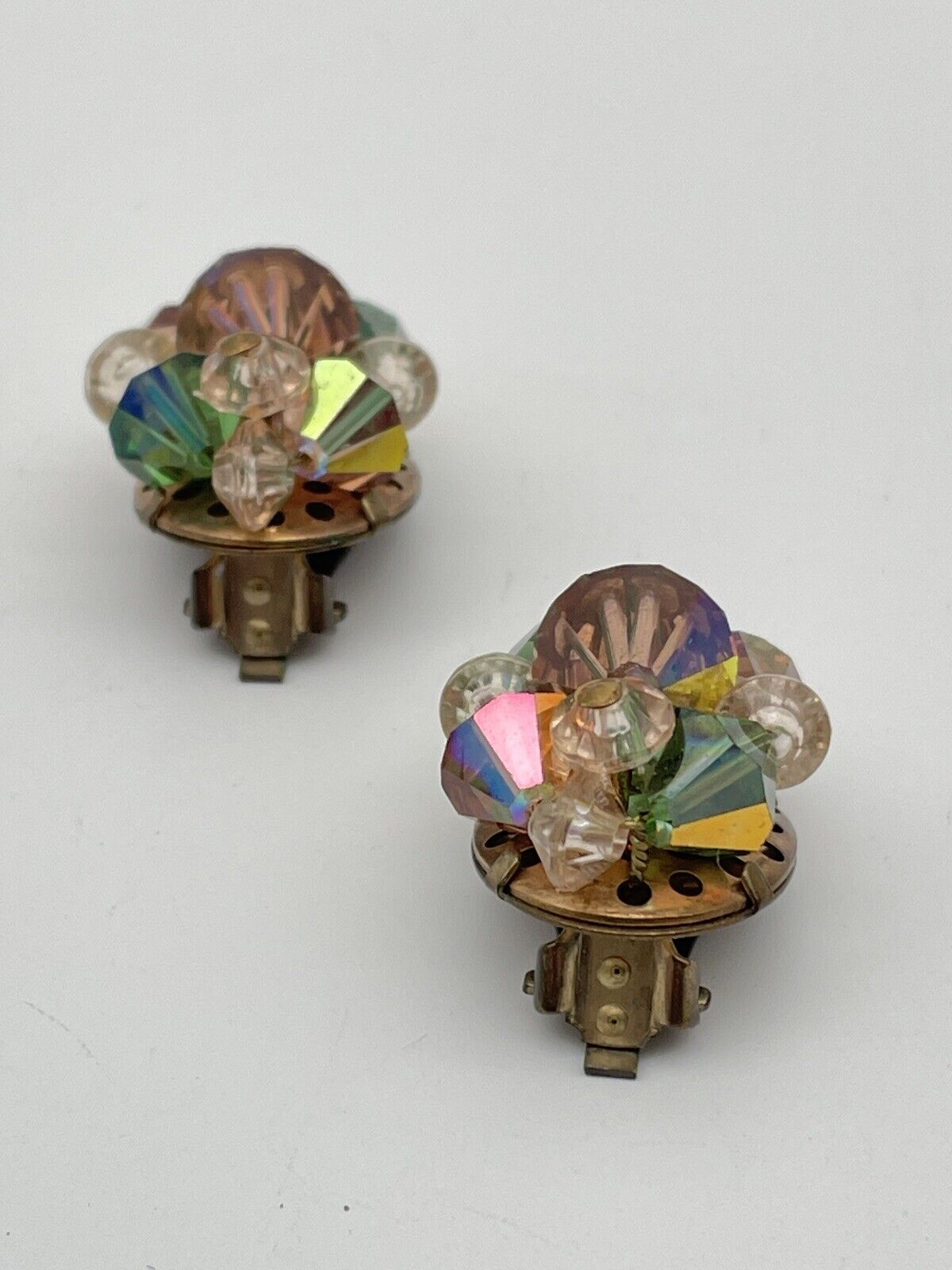 Vintage Pair Aurora Borealis Emerald & Topaz Colored Rhinestone Clip On Earrings