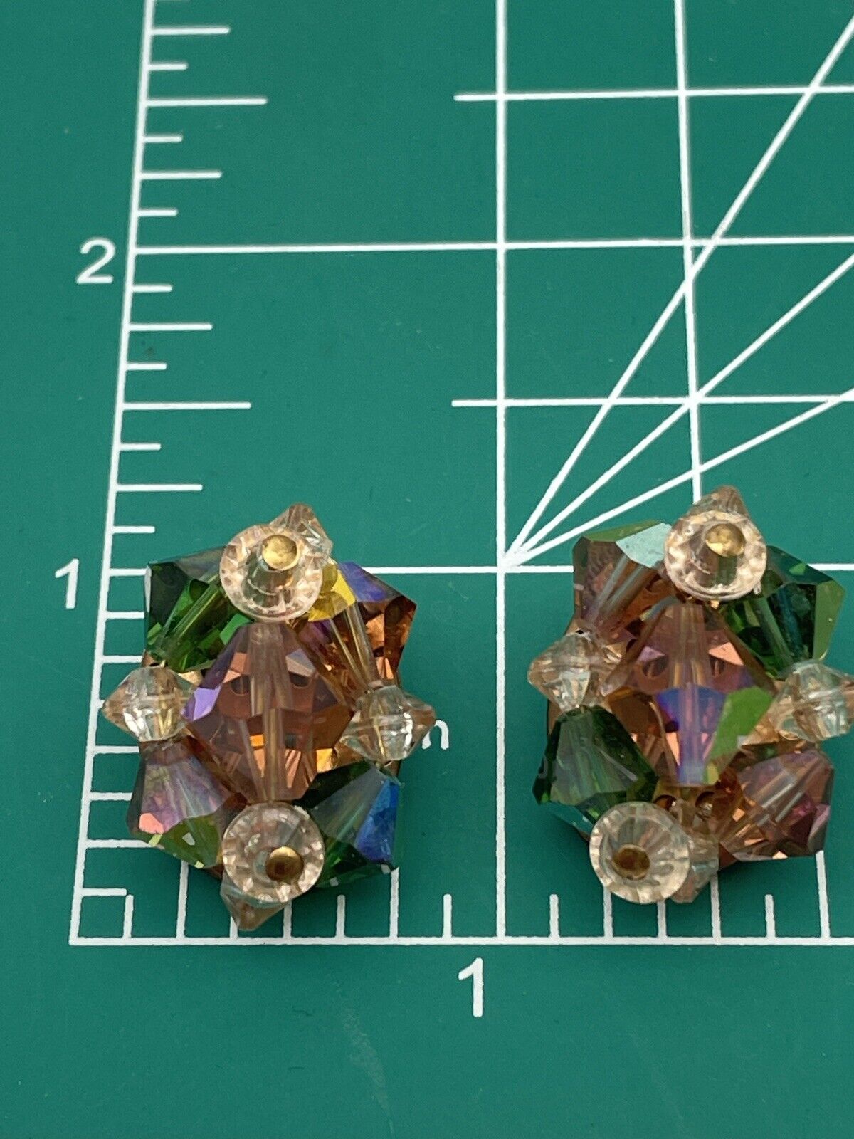 Vintage Pair Aurora Borealis Emerald & Topaz Colored Rhinestone Clip On Earrings