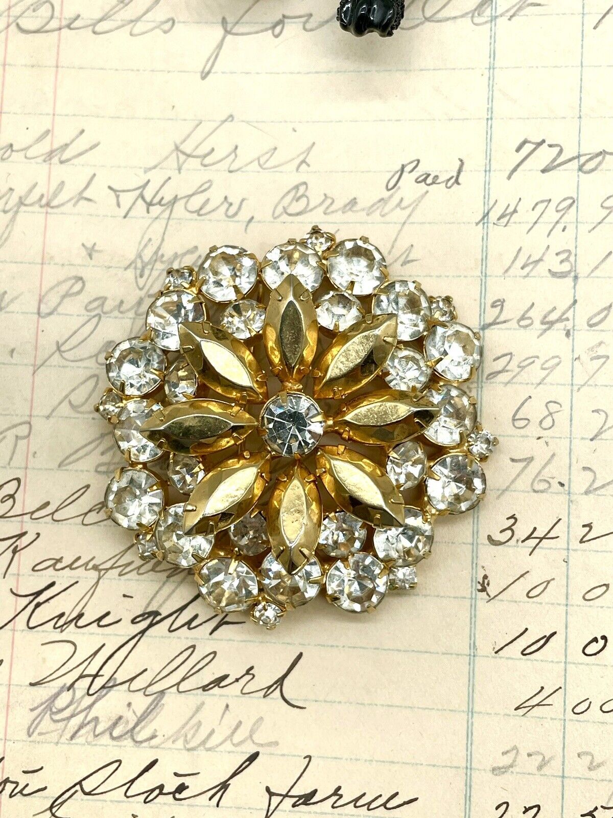 Vintage Brooch Goldtone Clear Rhinestone 1950s Style Multi Layered Tiers