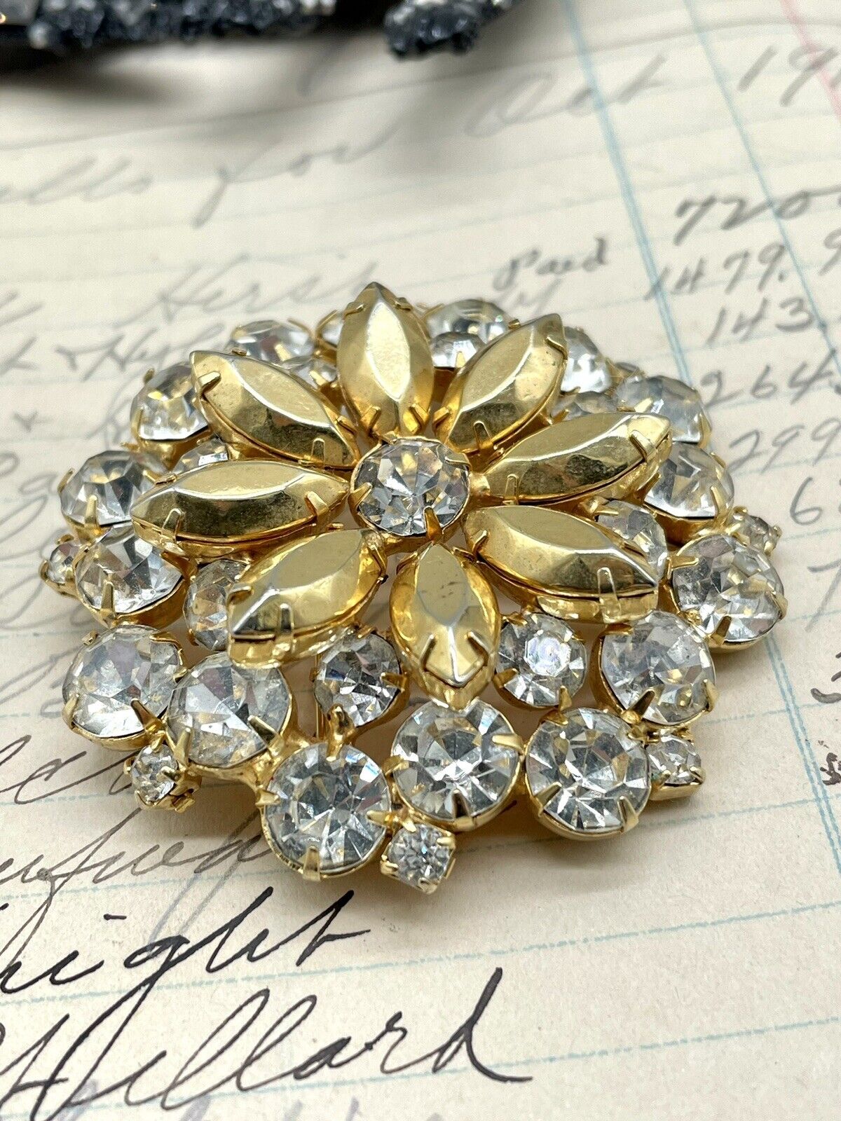 Vintage Brooch Goldtone Clear Rhinestone 1950s Style Multi Layered Tiers
