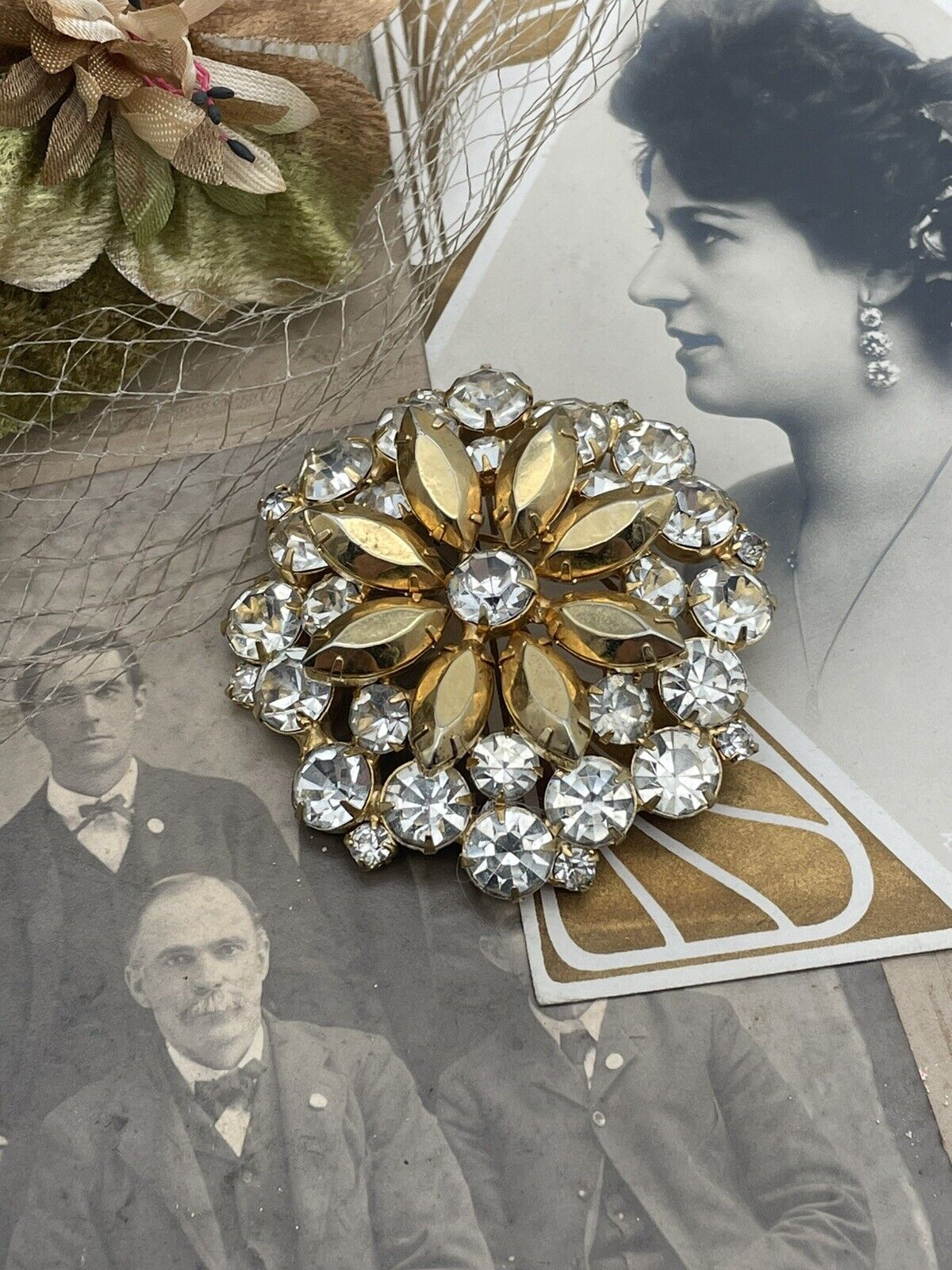 Vintage Brooch Goldtone Clear Rhinestone 1950s Style Multi Layered Tiers
