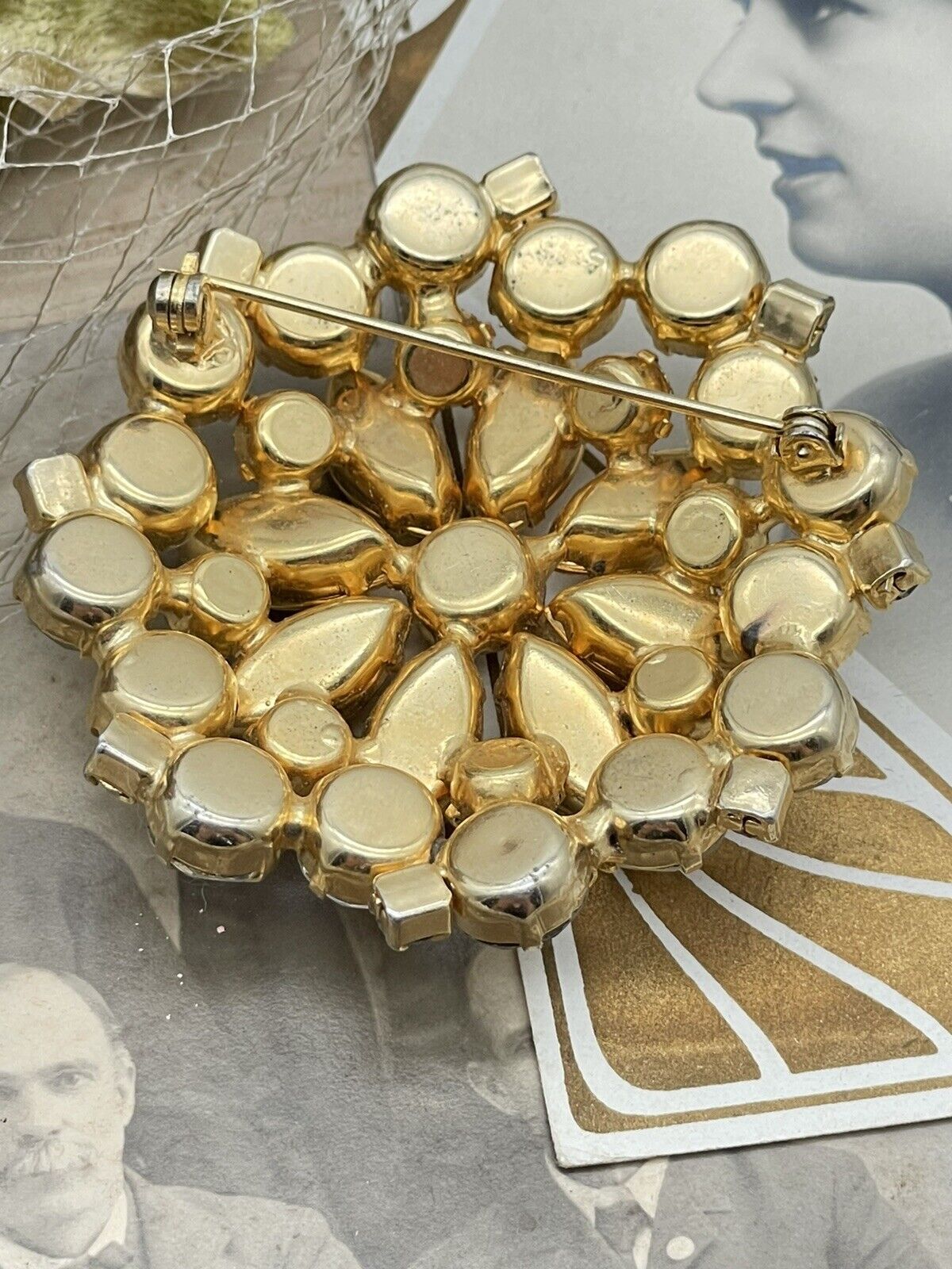 Vintage Brooch Goldtone Clear Rhinestone 1950s Style Multi Layered Tiers