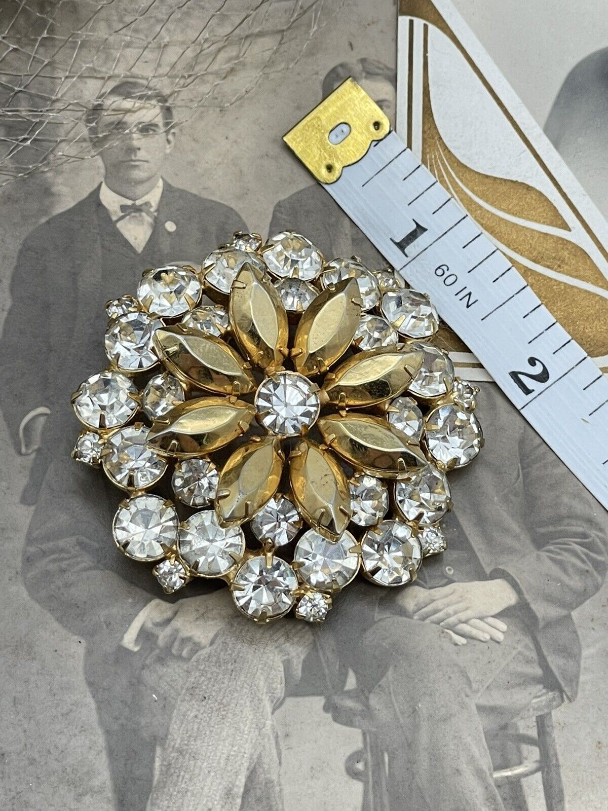 Vintage Brooch Goldtone Clear Rhinestone 1950s Style Multi Layered Tiers