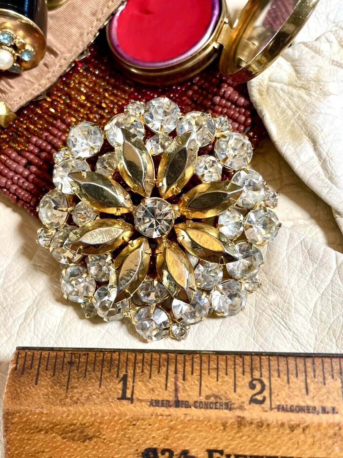 Vintage Brooch Goldtone Clear Rhinestone 1950s Style Multi Layered Tiers