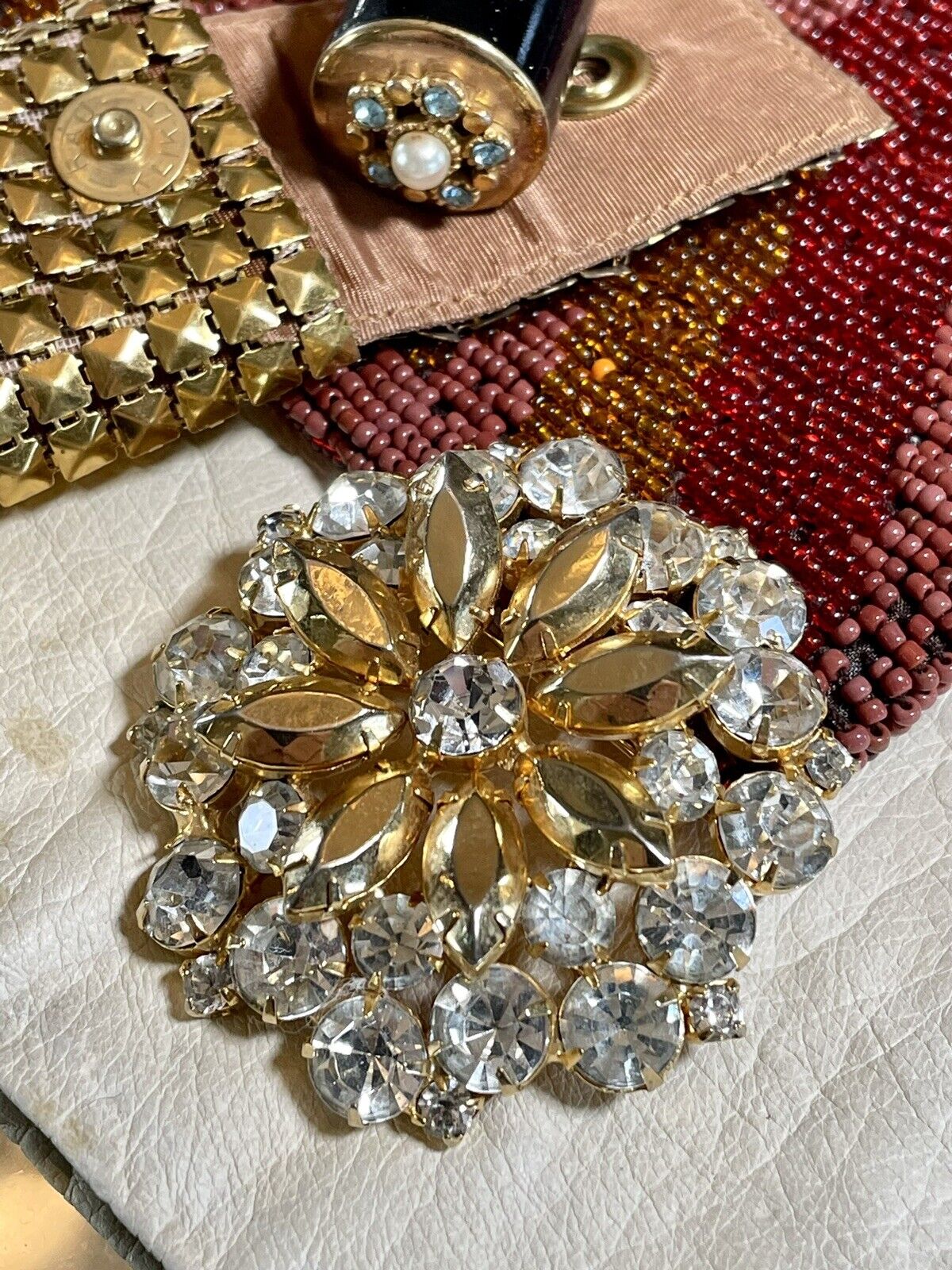Vintage Brooch Goldtone Clear Rhinestone 1950s Style Multi Layered Tiers