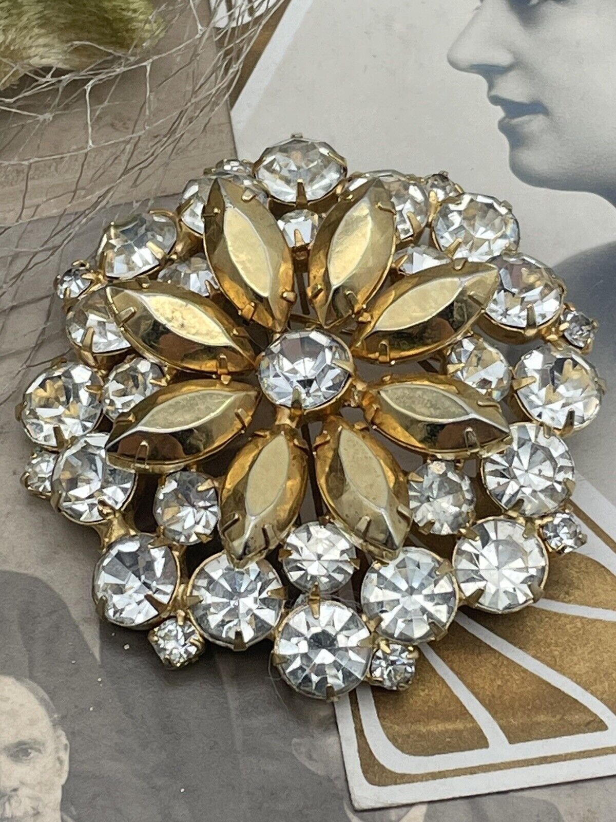 Vintage Brooch Goldtone Clear Rhinestone 1950s Style Multi Layered Tiers