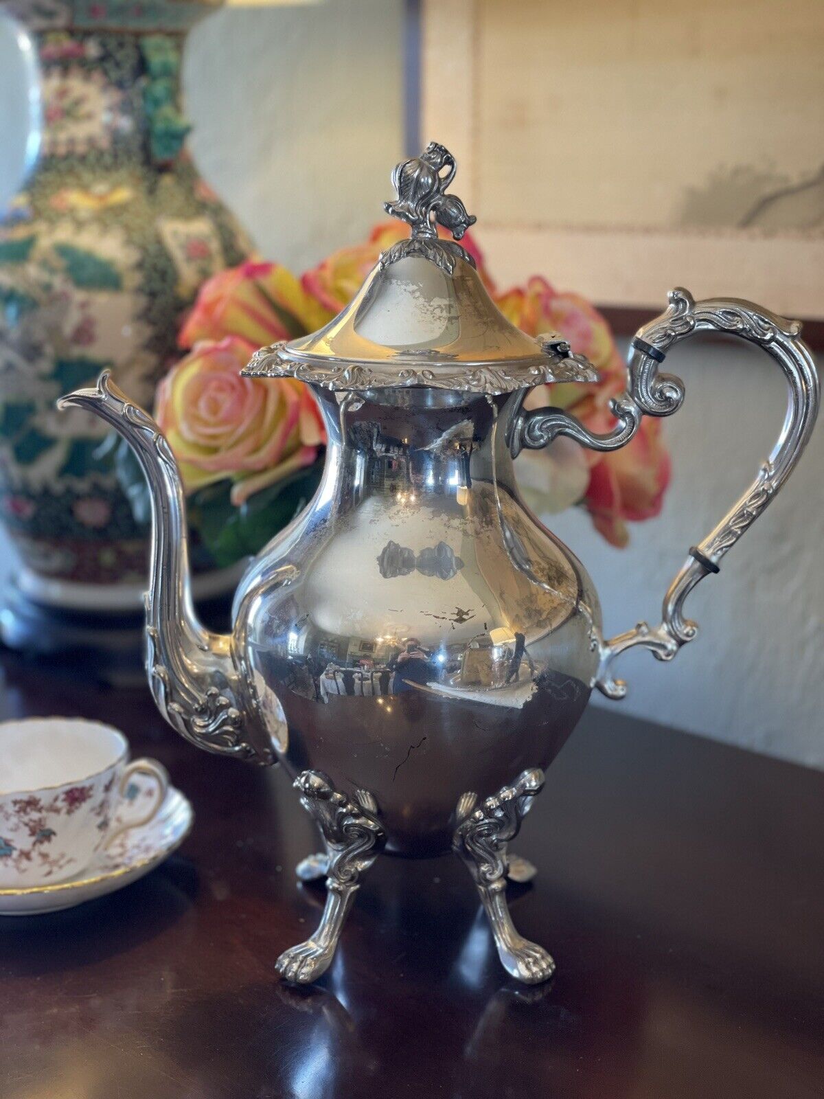 Large Lion Footed Silverplate Coffee Pot With Floral Finial VINTAGE