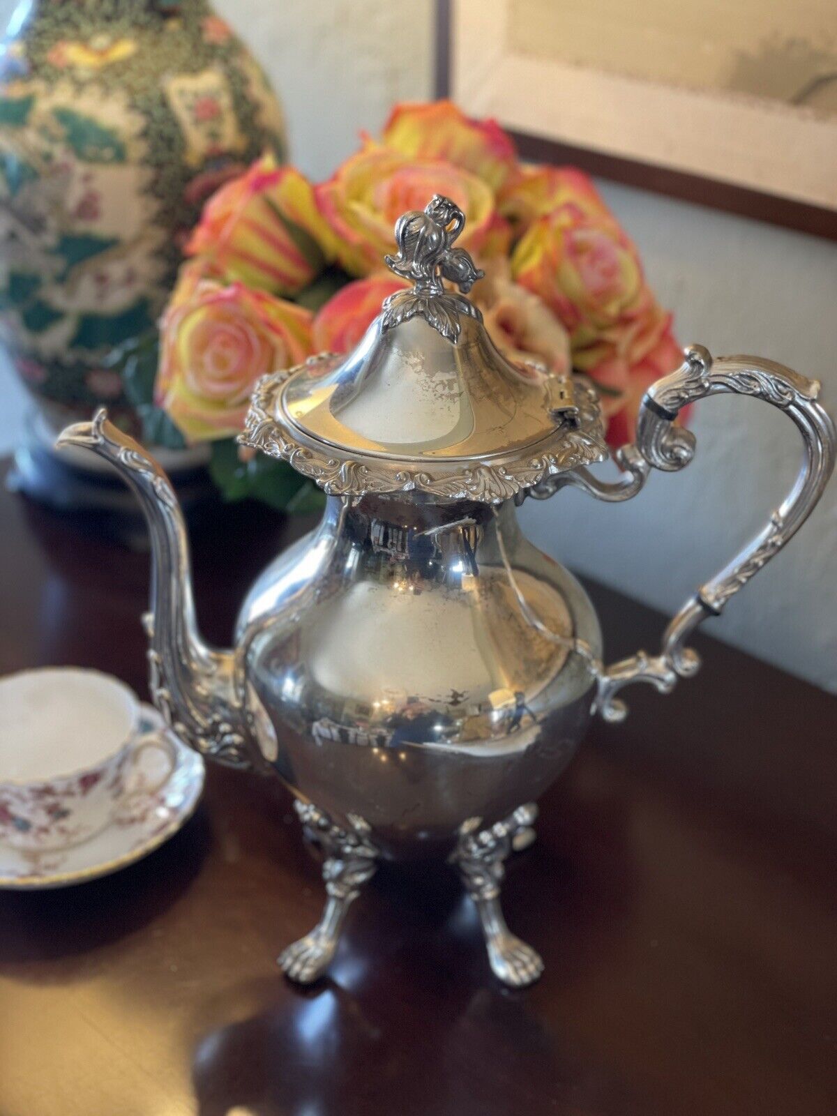 Large Lion Footed Silverplate Coffee Pot With Floral Finial VINTAGE