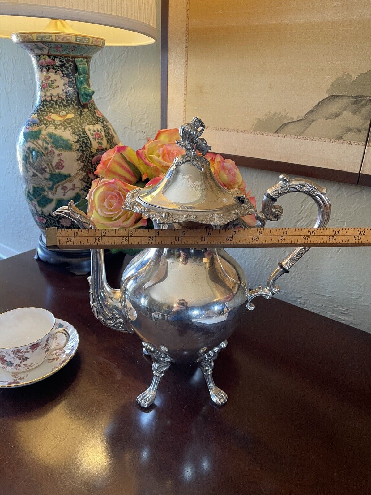 Large Lion Footed Silverplate Coffee Pot With Floral Finial VINTAGE