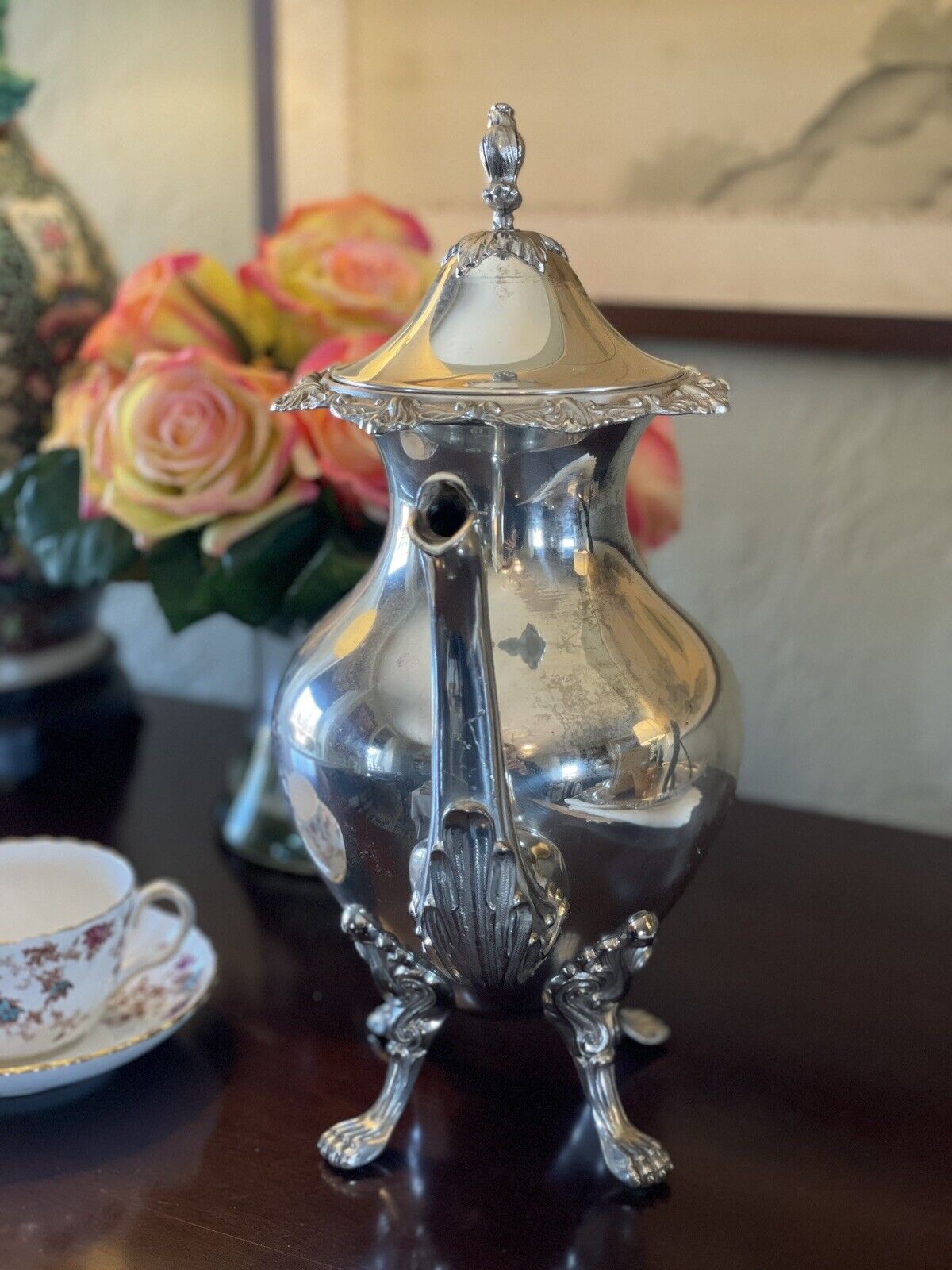 Large Lion Footed Silverplate Coffee Pot With Floral Finial VINTAGE