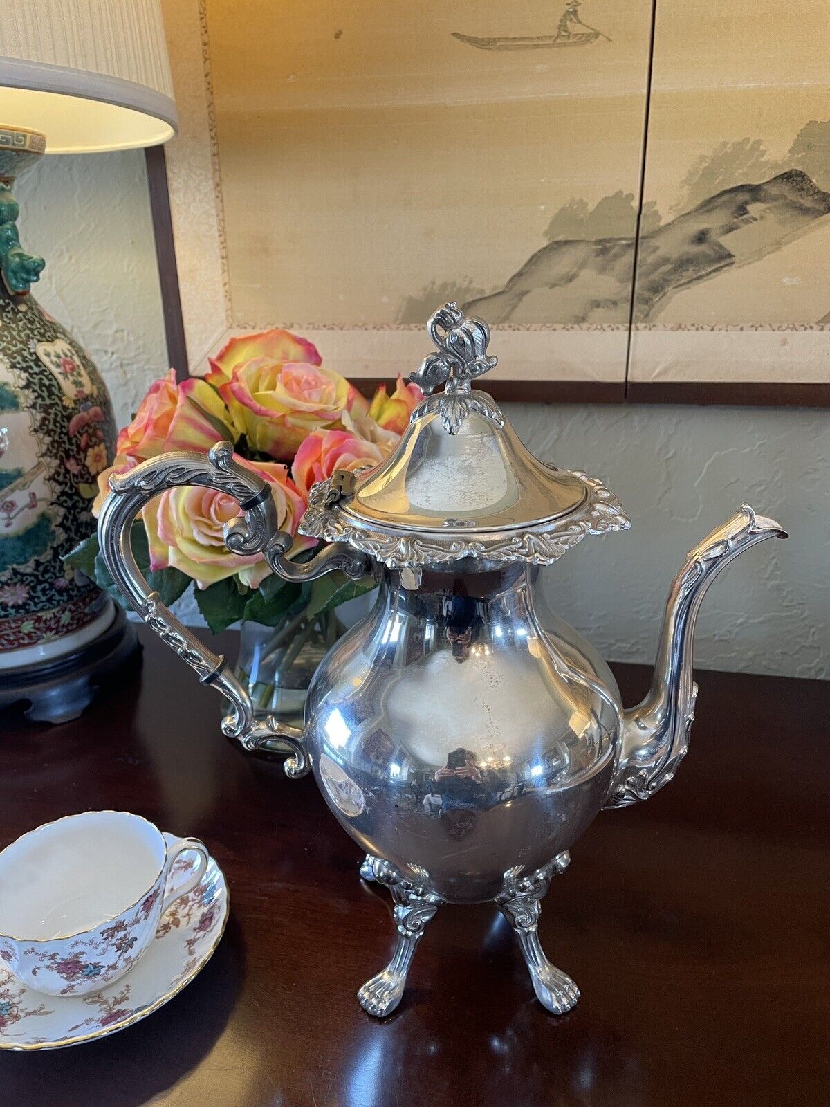 Large Lion Footed Silverplate Coffee Pot With Floral Finial VINTAGE