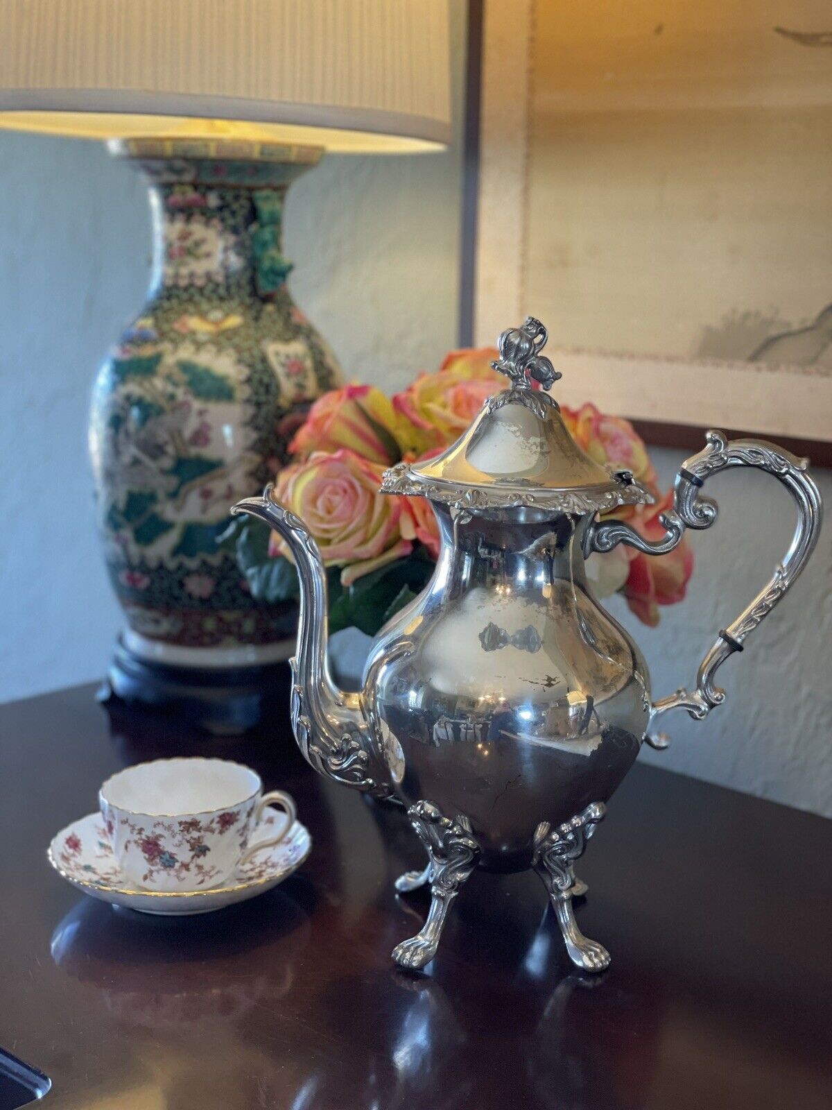 Large Lion Footed Silverplate Coffee Pot With Floral Finial VINTAGE