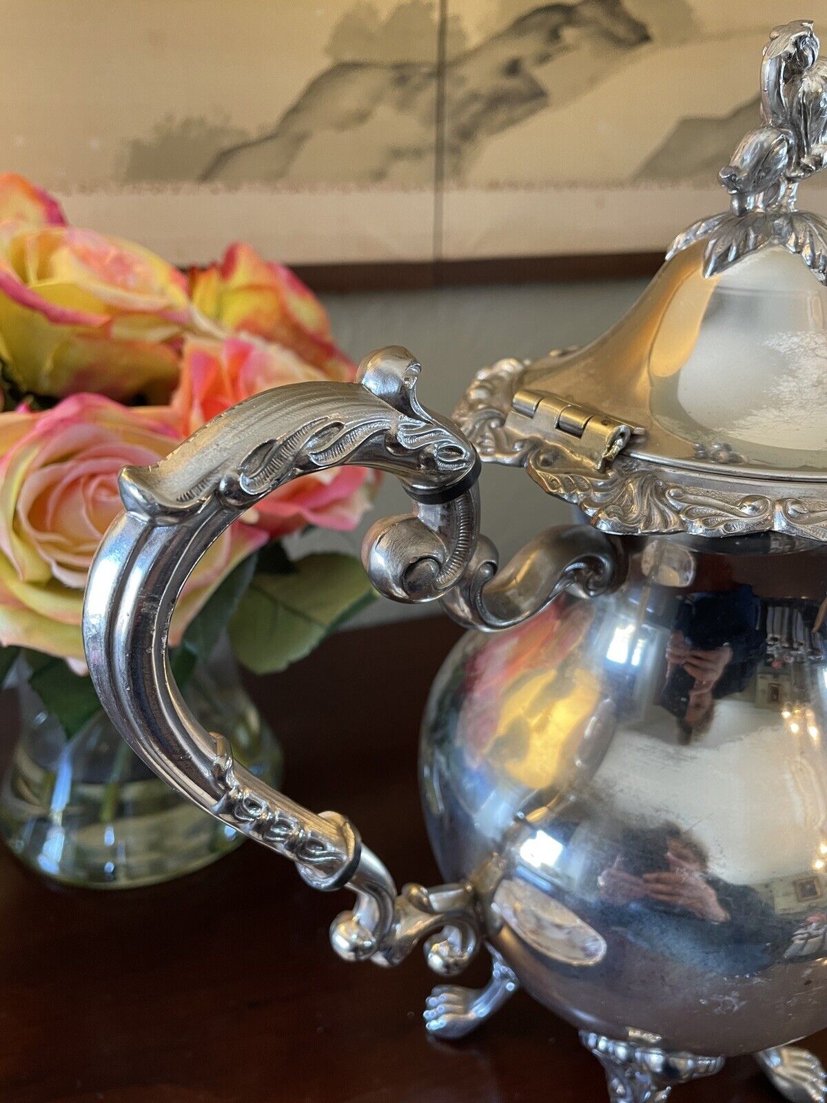 Large Lion Footed Silverplate Coffee Pot With Floral Finial VINTAGE