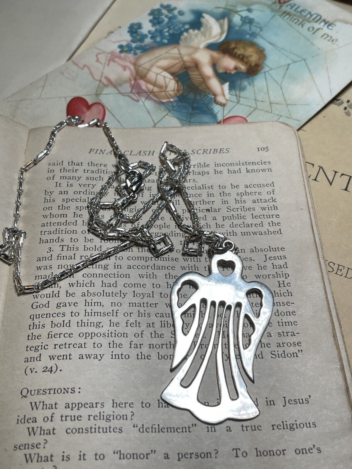 ANGEL Heart Pendant Sterling Silver 925 Openwork 2” & Unmarked Chain 12”