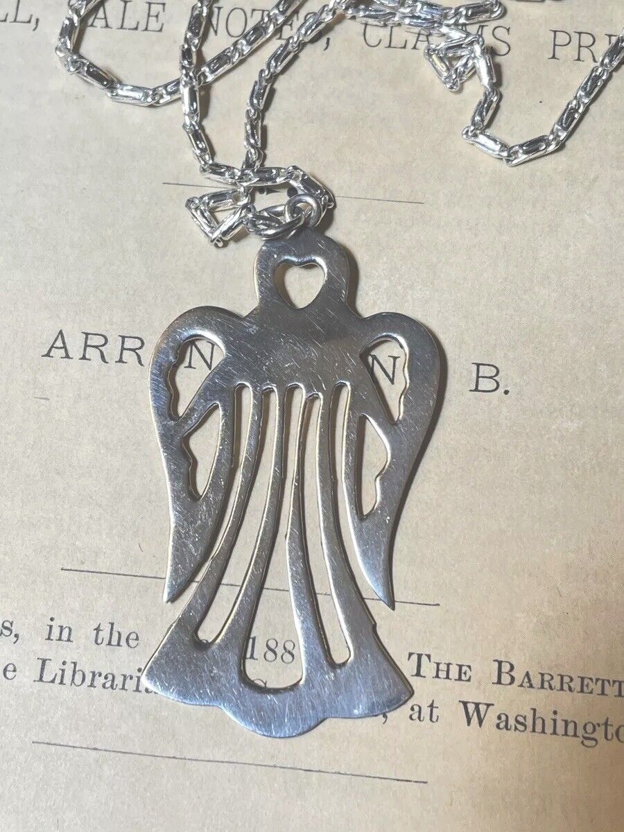 ANGEL Heart Pendant Sterling Silver 925 Openwork 2” & Unmarked Chain 12”