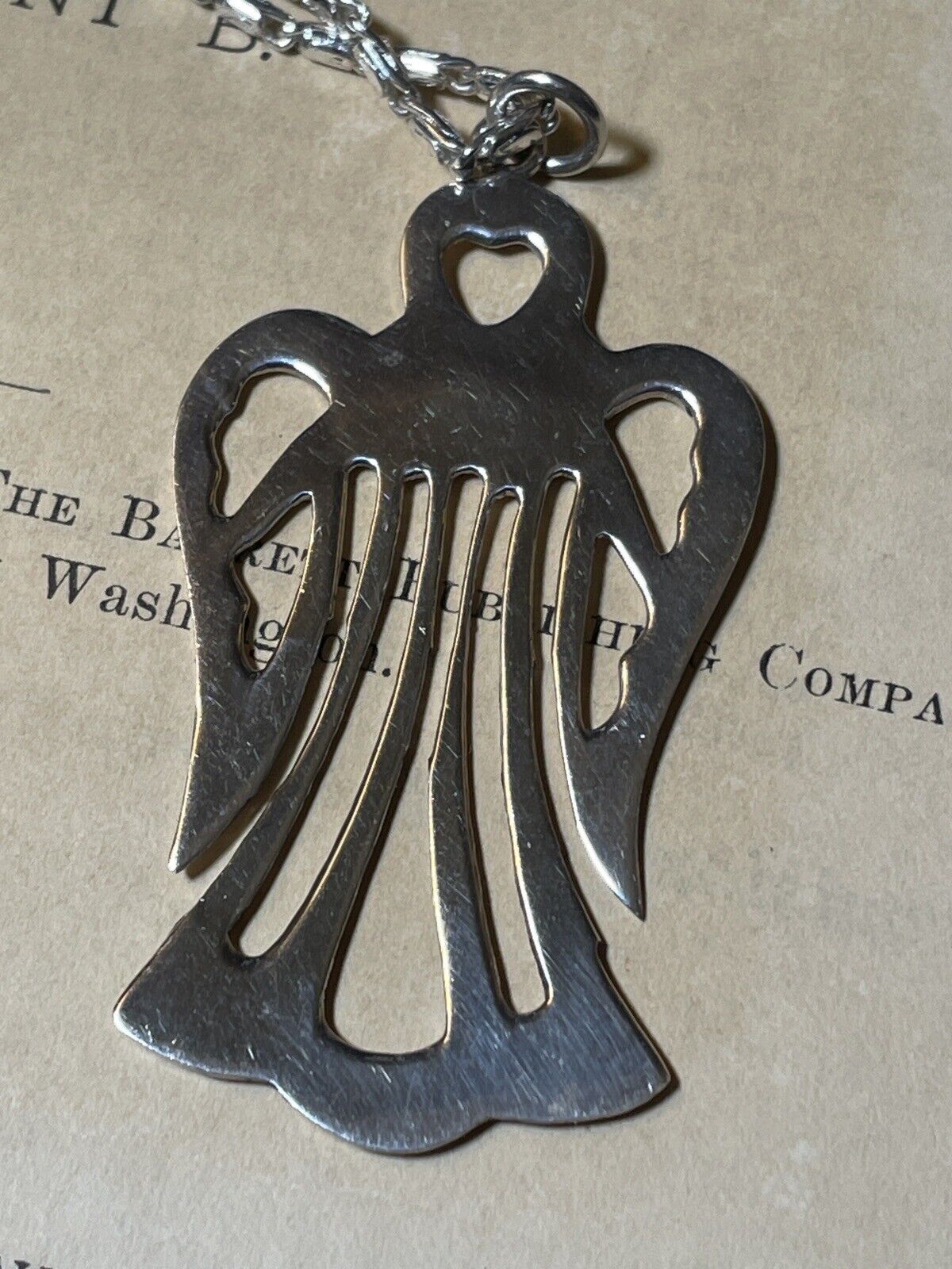 ANGEL Heart Pendant Sterling Silver 925 Openwork 2” & Unmarked Chain 12”